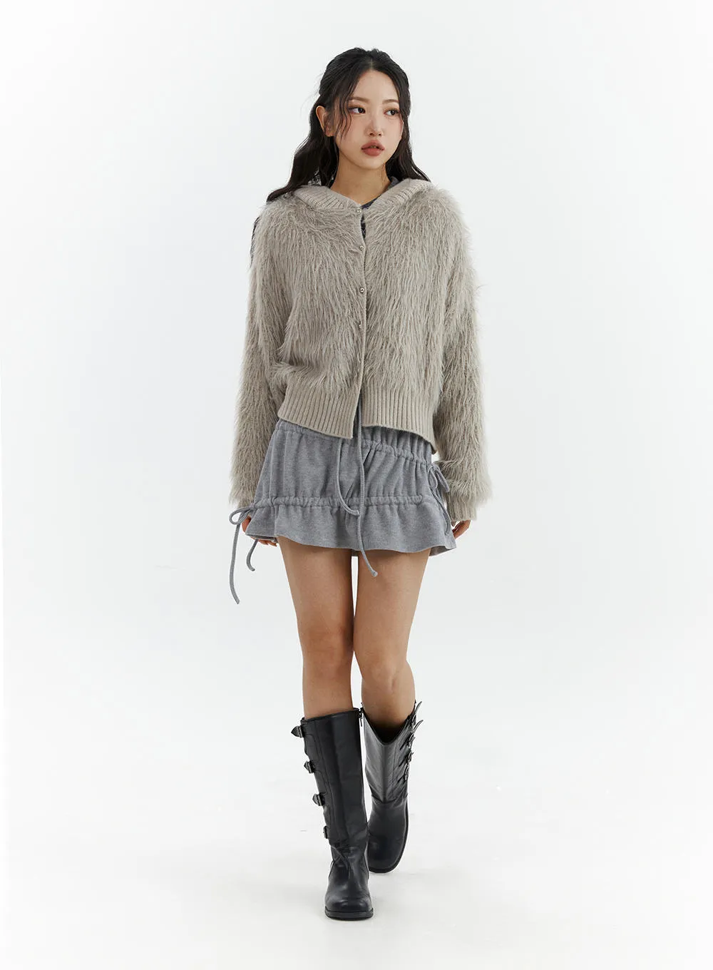 Faux Fur Button-Up Knit Cardigan CJ423