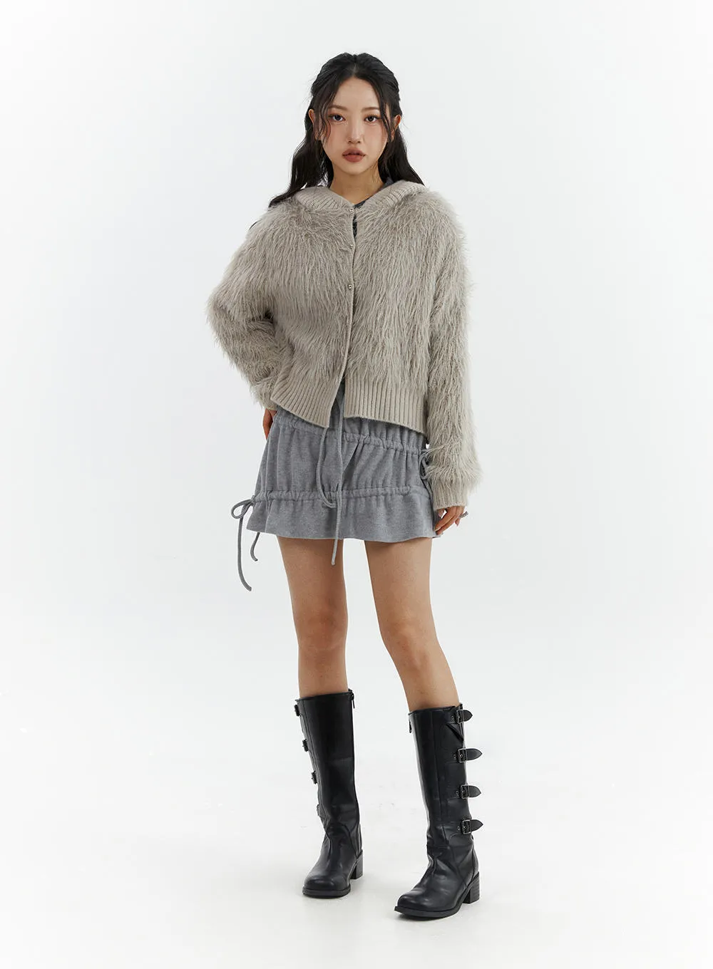 Faux Fur Button-Up Knit Cardigan CJ423