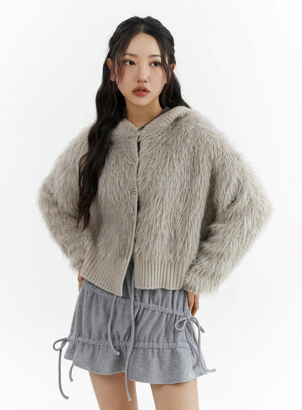 Faux Fur Button-Up Knit Cardigan CJ423