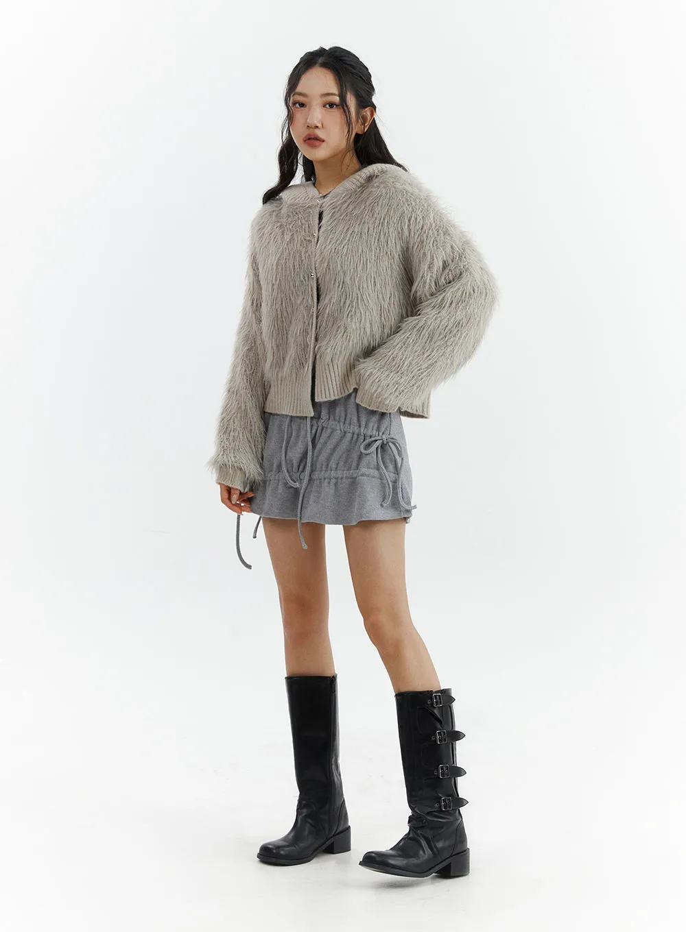 Faux Fur Button-Up Knit Cardigan CJ423