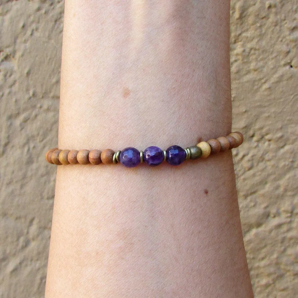 Focus - Seventh Chakra, Sandalwood and Genuine Amethyst Mala Bracelet