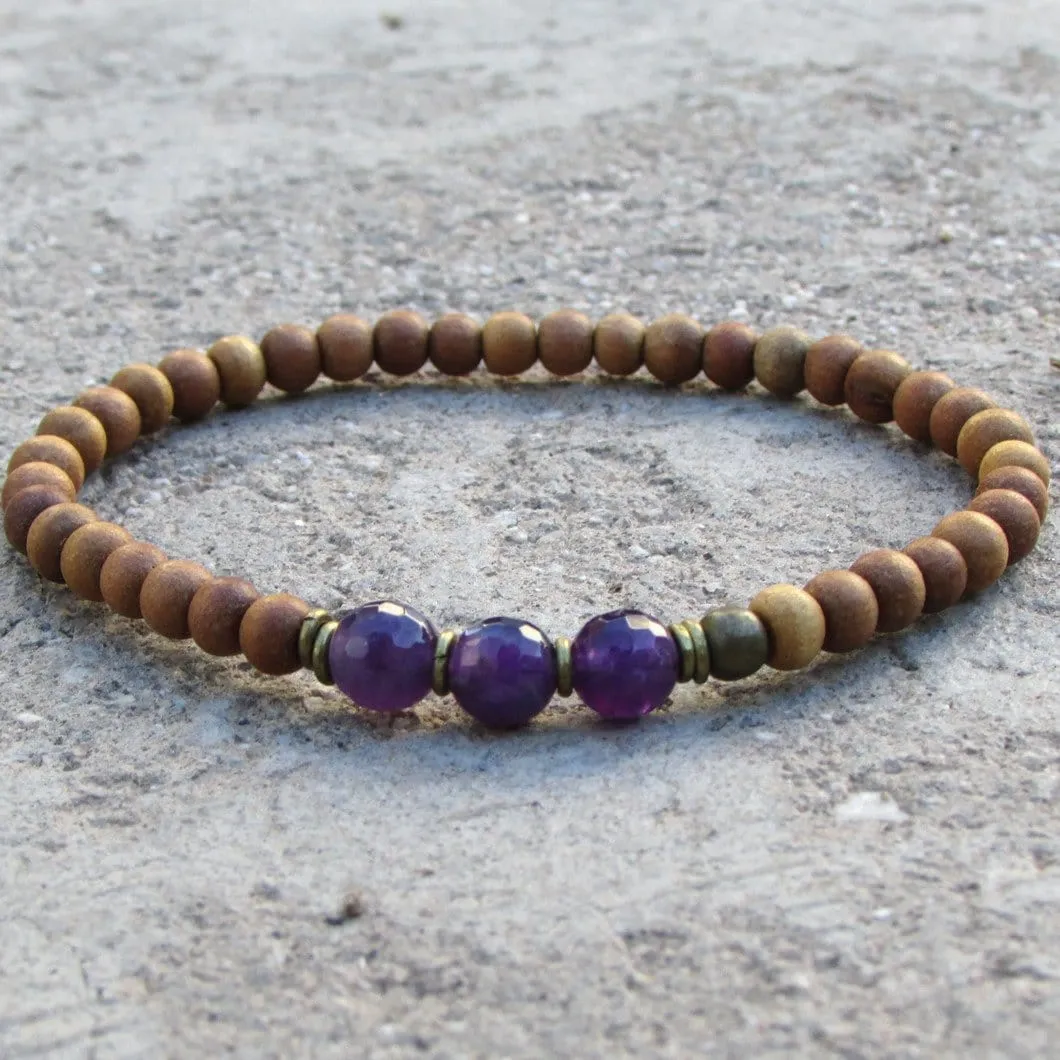 Focus - Seventh Chakra, Sandalwood and Genuine Amethyst Mala Bracelet