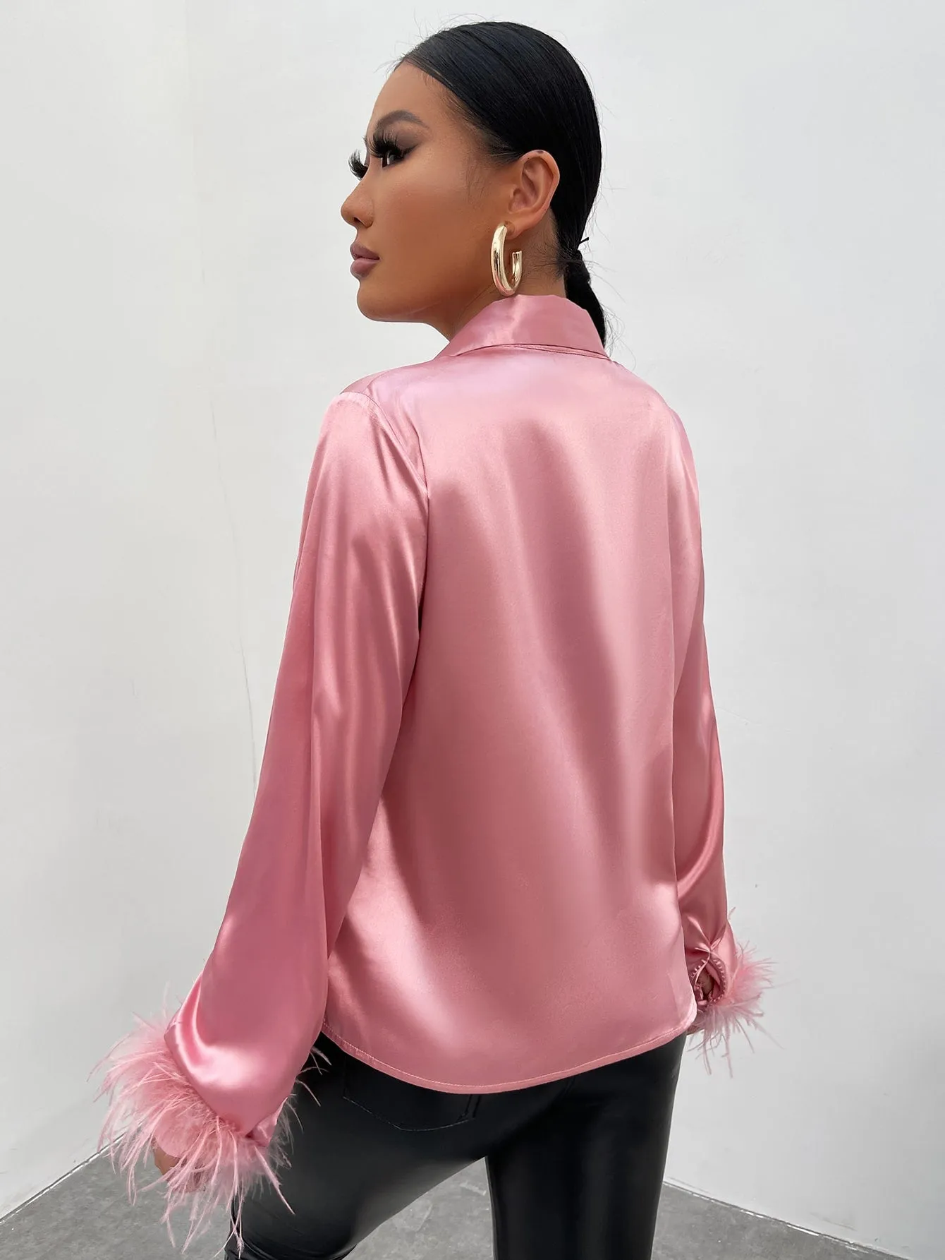 Fuzzy Cuff Satin Shirt