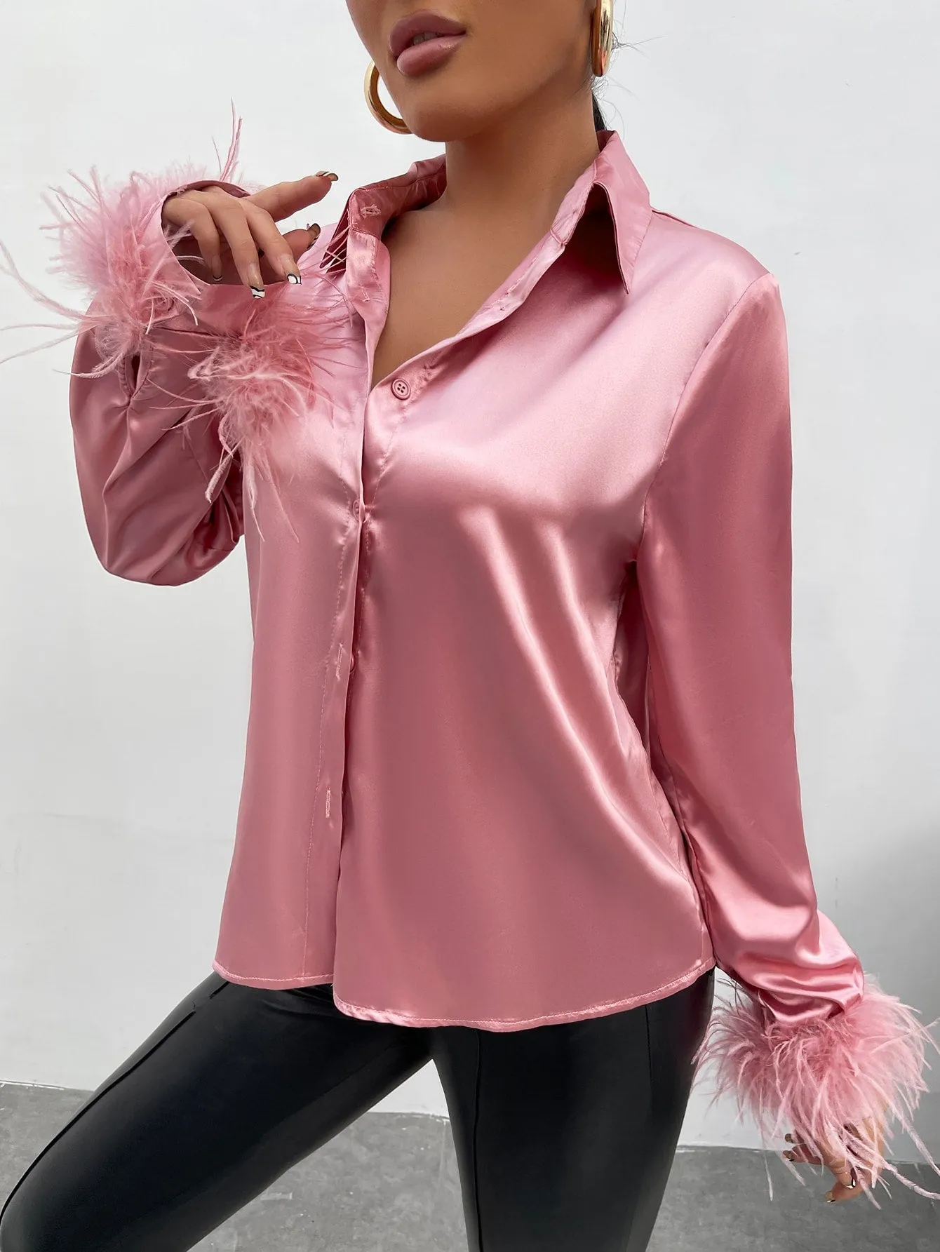 Fuzzy Cuff Satin Shirt