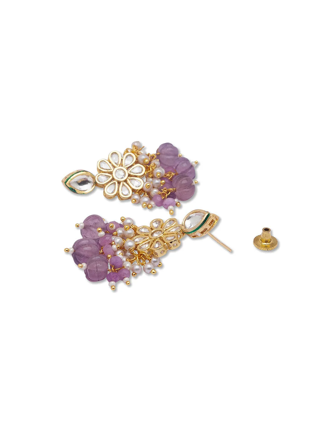 Golden, Light Purple, Kundan Polki, Necklace Set wiyh Onyx