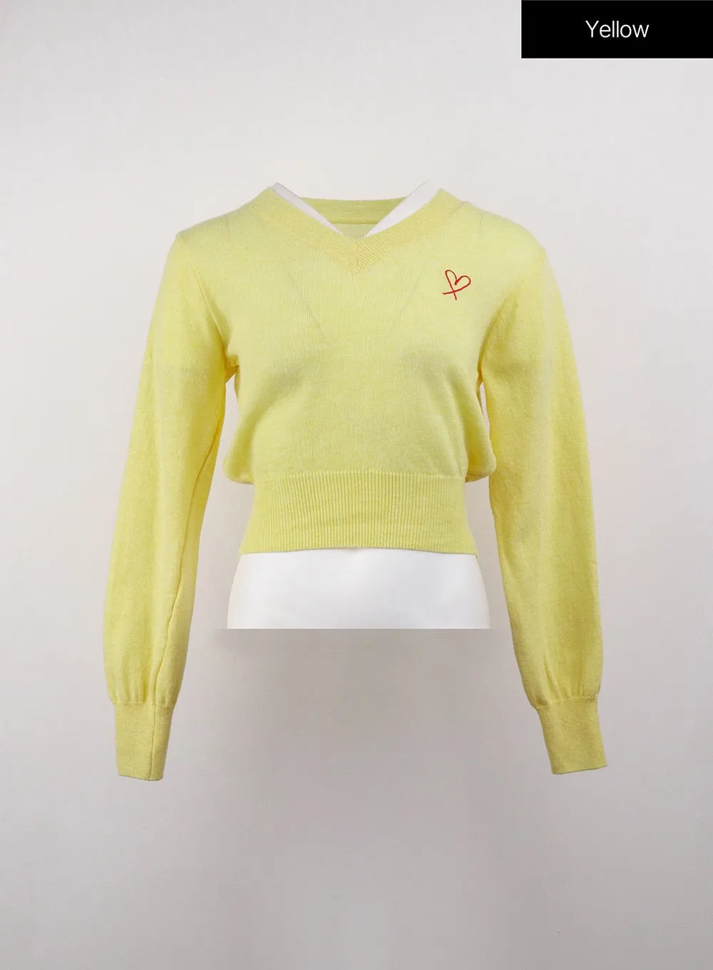 Heart Embroidered V-Neck Crop Sweater OJ416