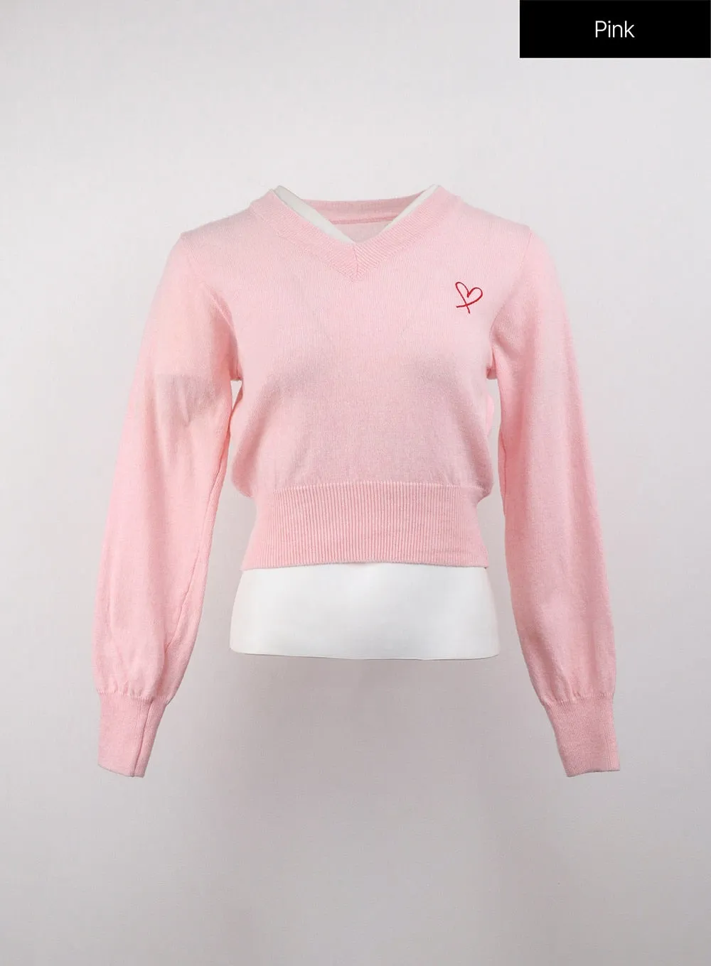 Heart Embroidered V-Neck Crop Sweater OJ416