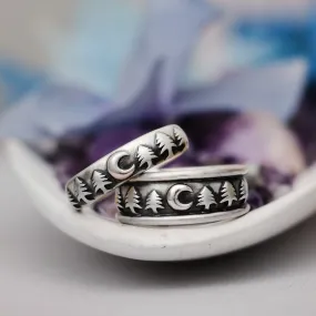 His and Hers Moon and Trees Wedding Band Set | Moonkist Designs