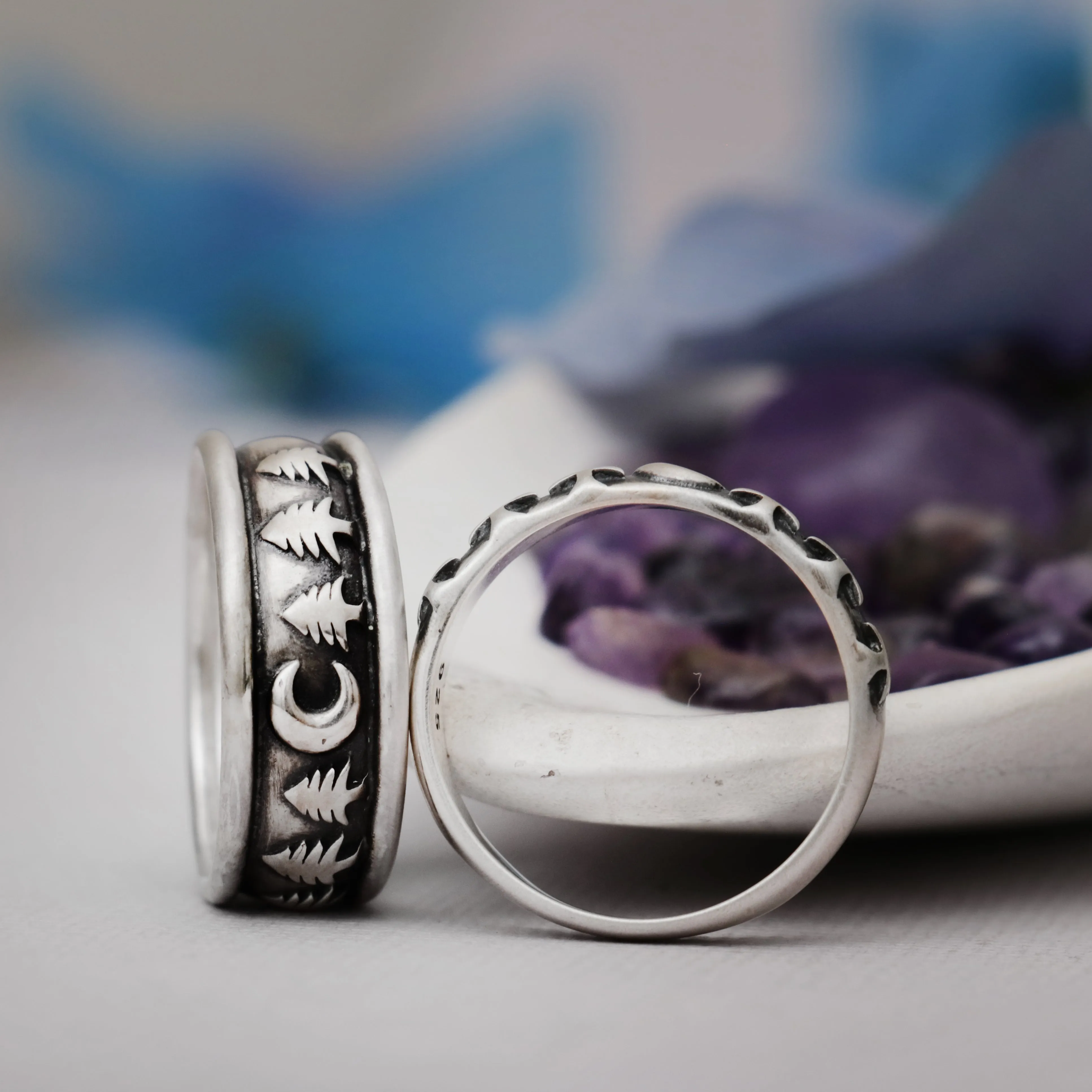 His and Hers Moon and Trees Wedding Band Set | Moonkist Designs