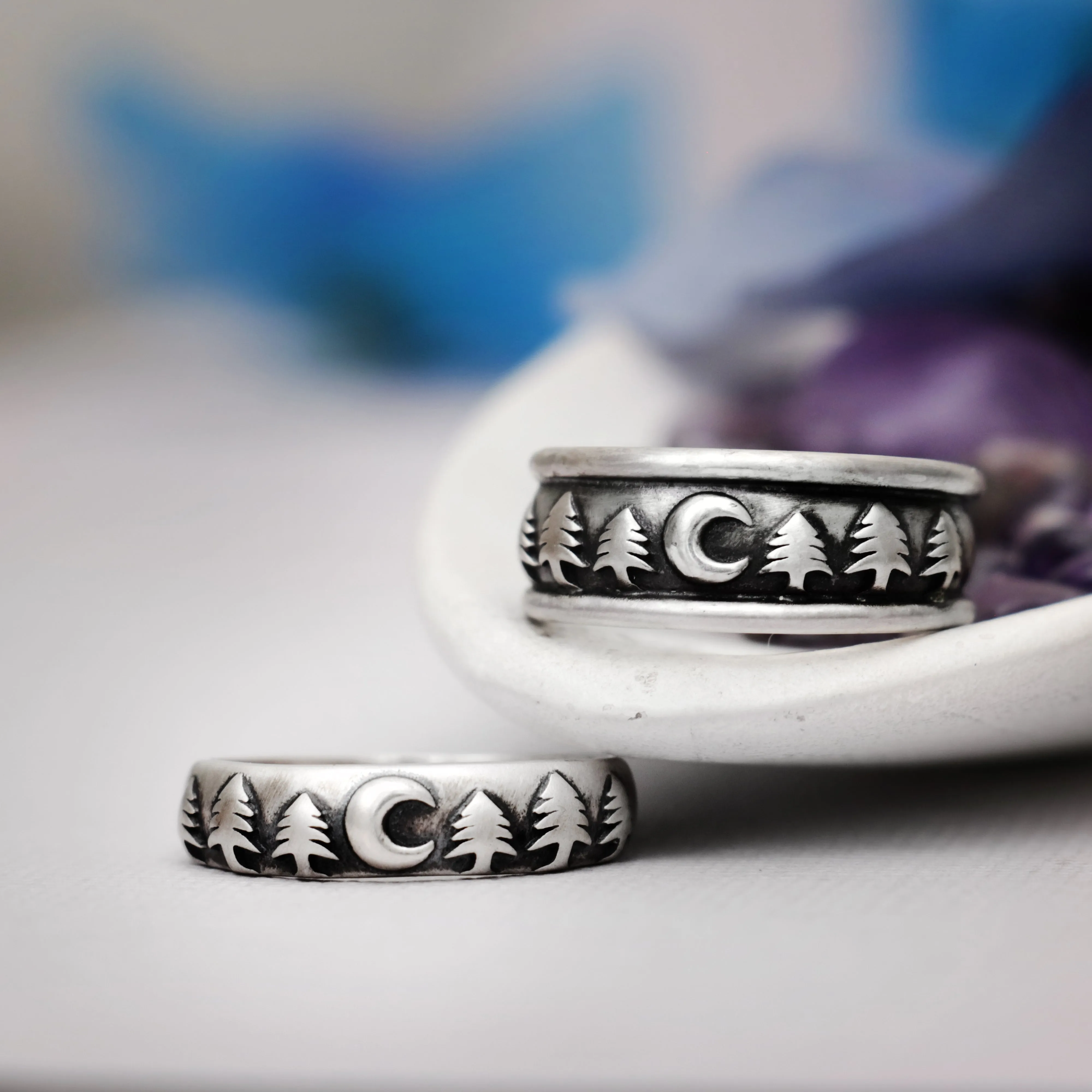 His and Hers Moon and Trees Wedding Band Set | Moonkist Designs