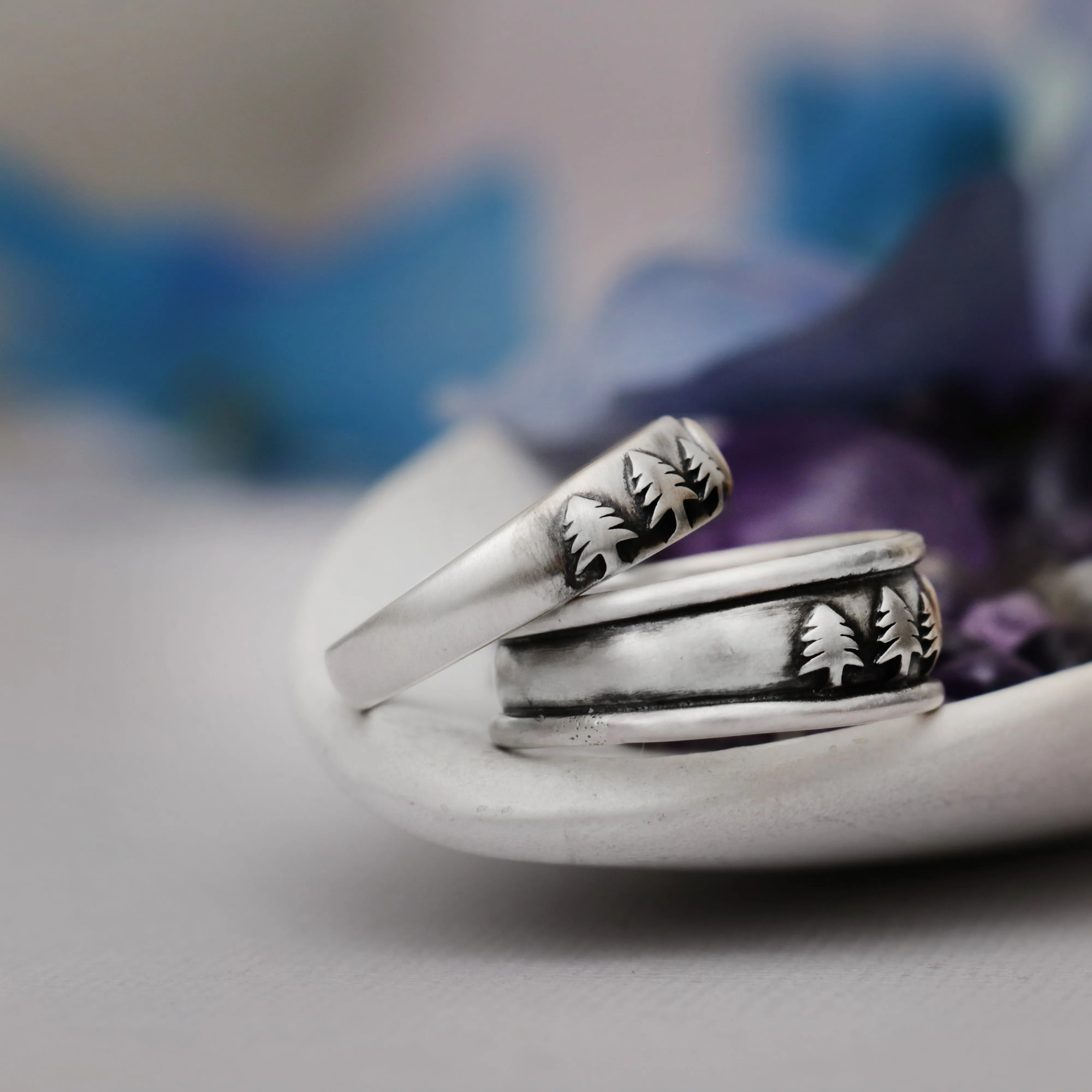 His and Hers Moon and Trees Wedding Band Set | Moonkist Designs