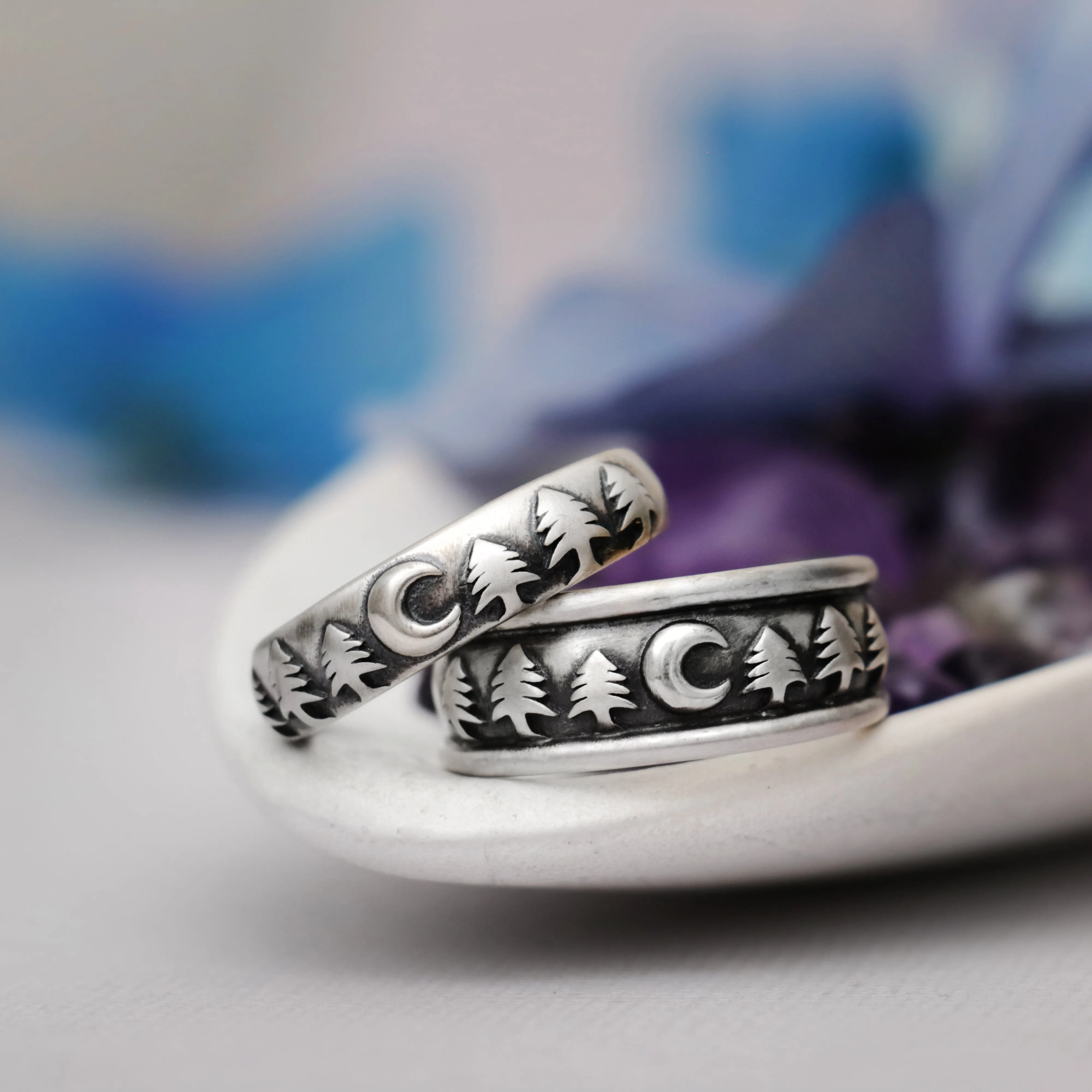 His and Hers Moon and Trees Wedding Band Set | Moonkist Designs