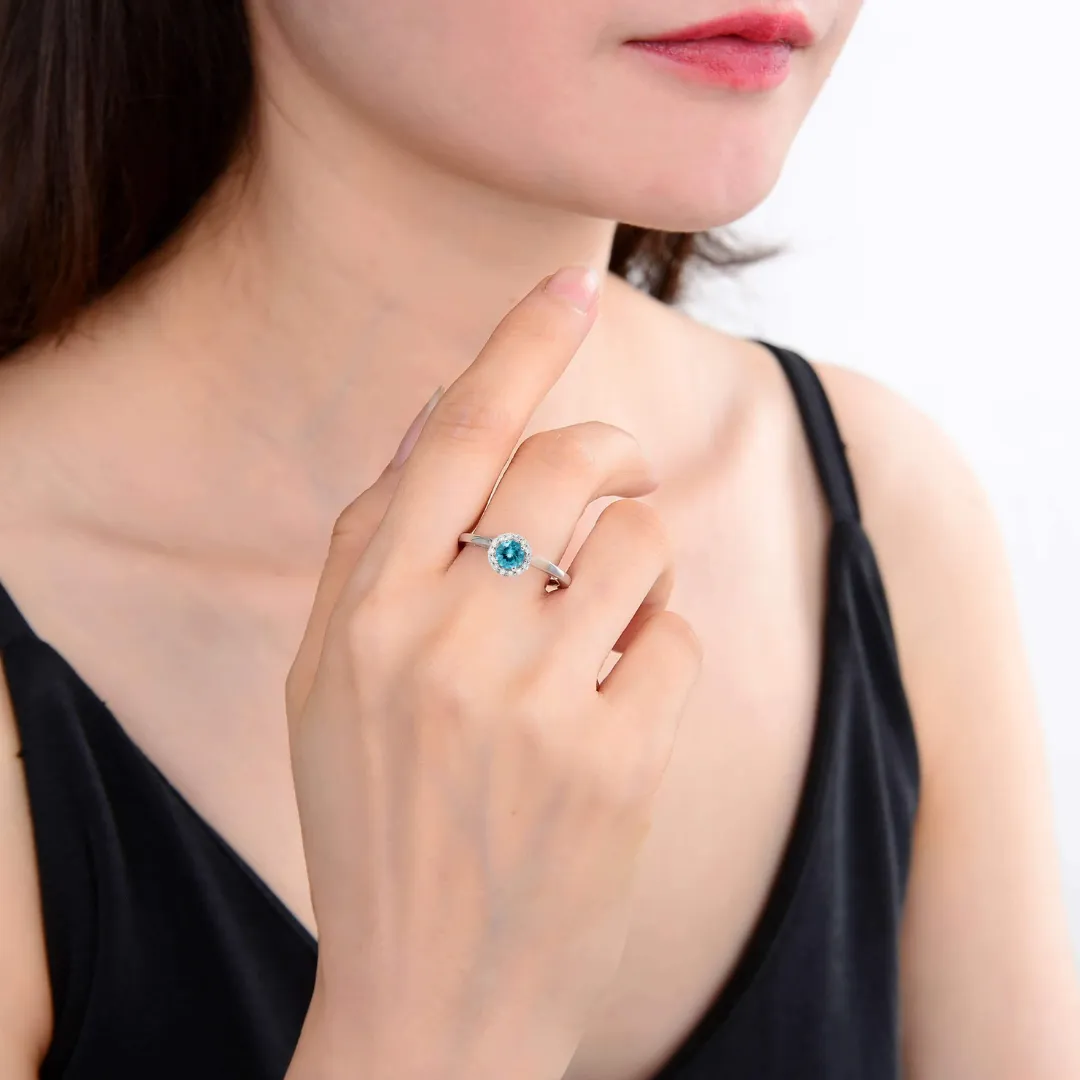 Natural Paraiba Apatite Round Halo Ring