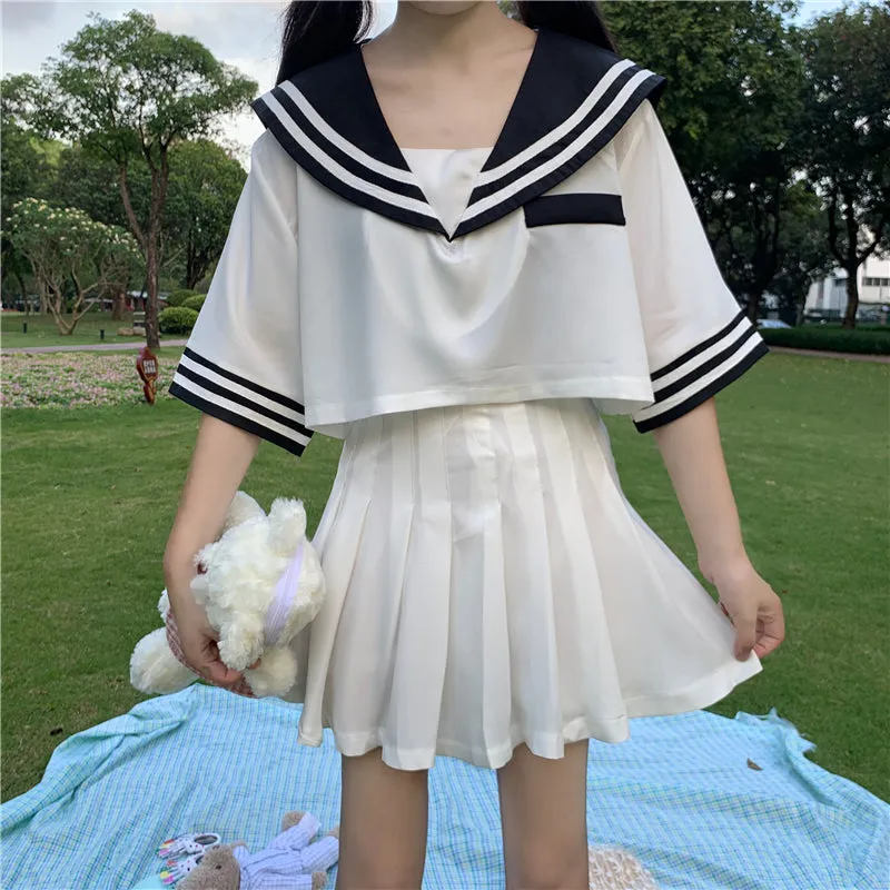 Navy Collar Top   Pleated Skirt Outfits AD210197