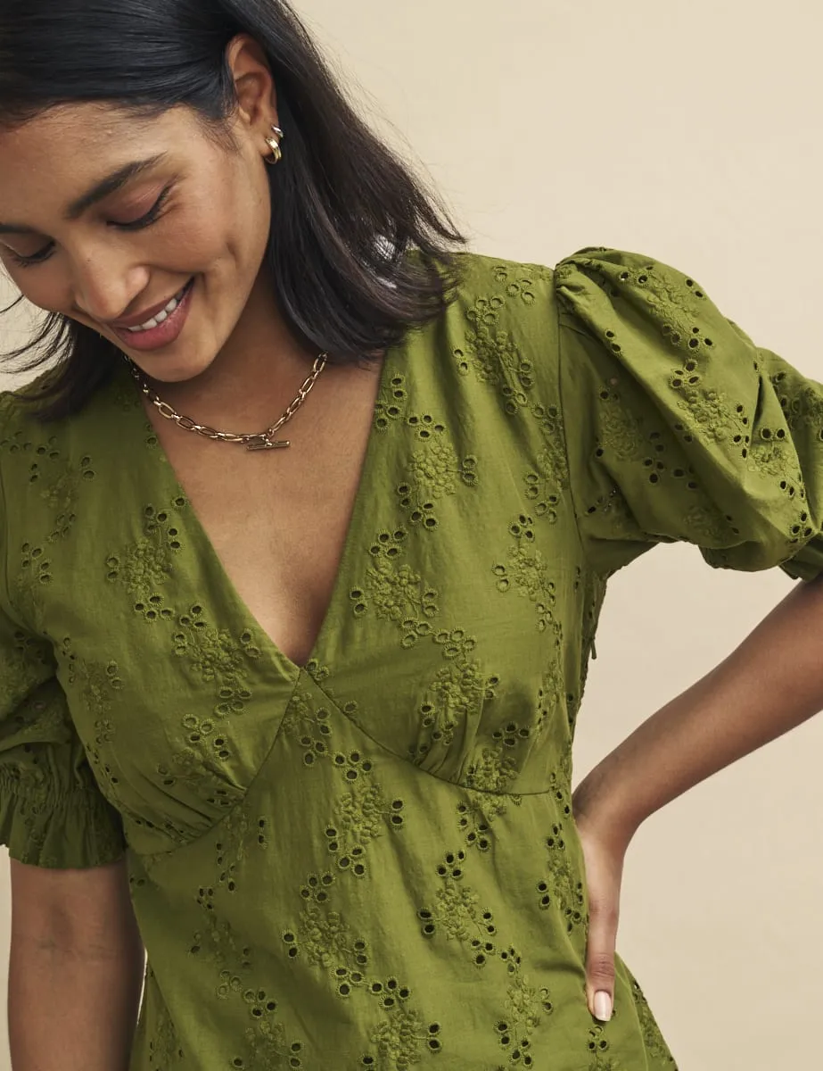 Olive Green Broderie Delilah Midi Tea Dress