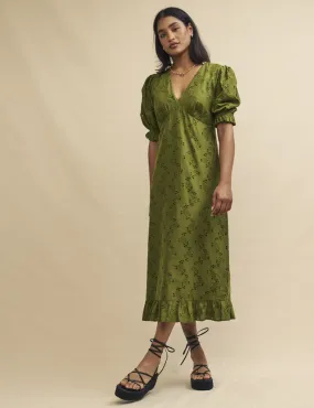 Olive Green Broderie Delilah Midi Tea Dress