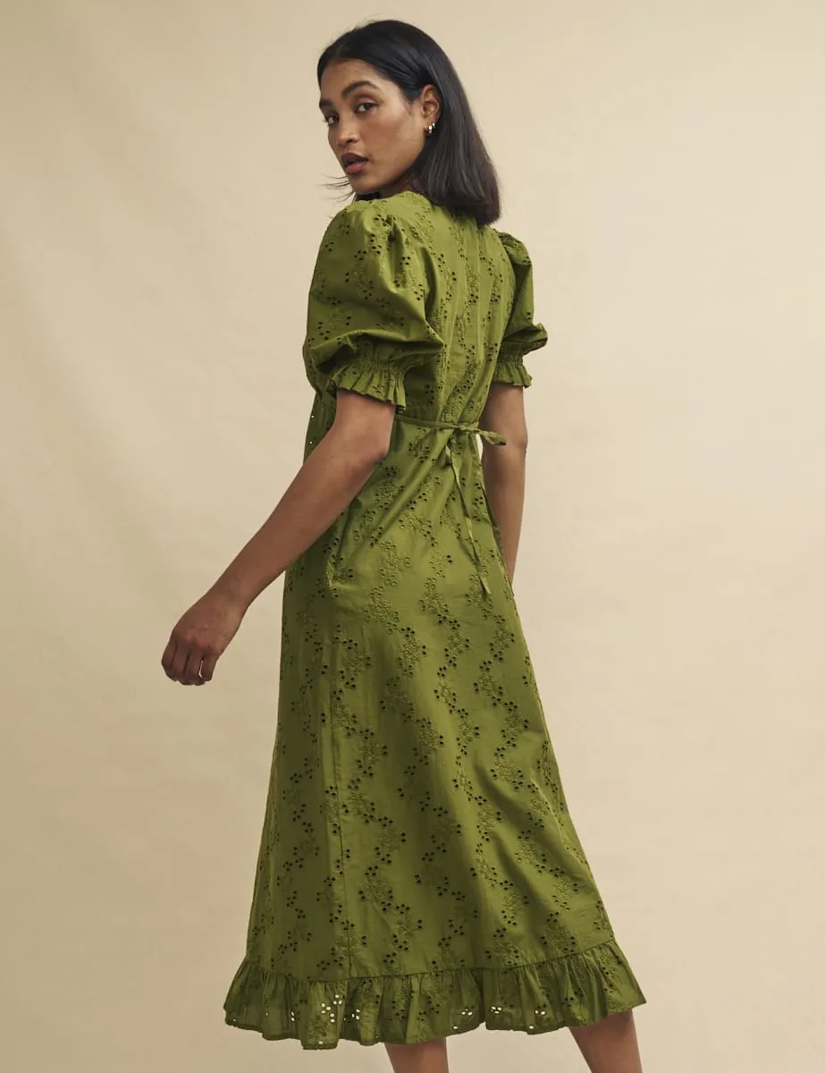 Olive Green Broderie Delilah Midi Tea Dress