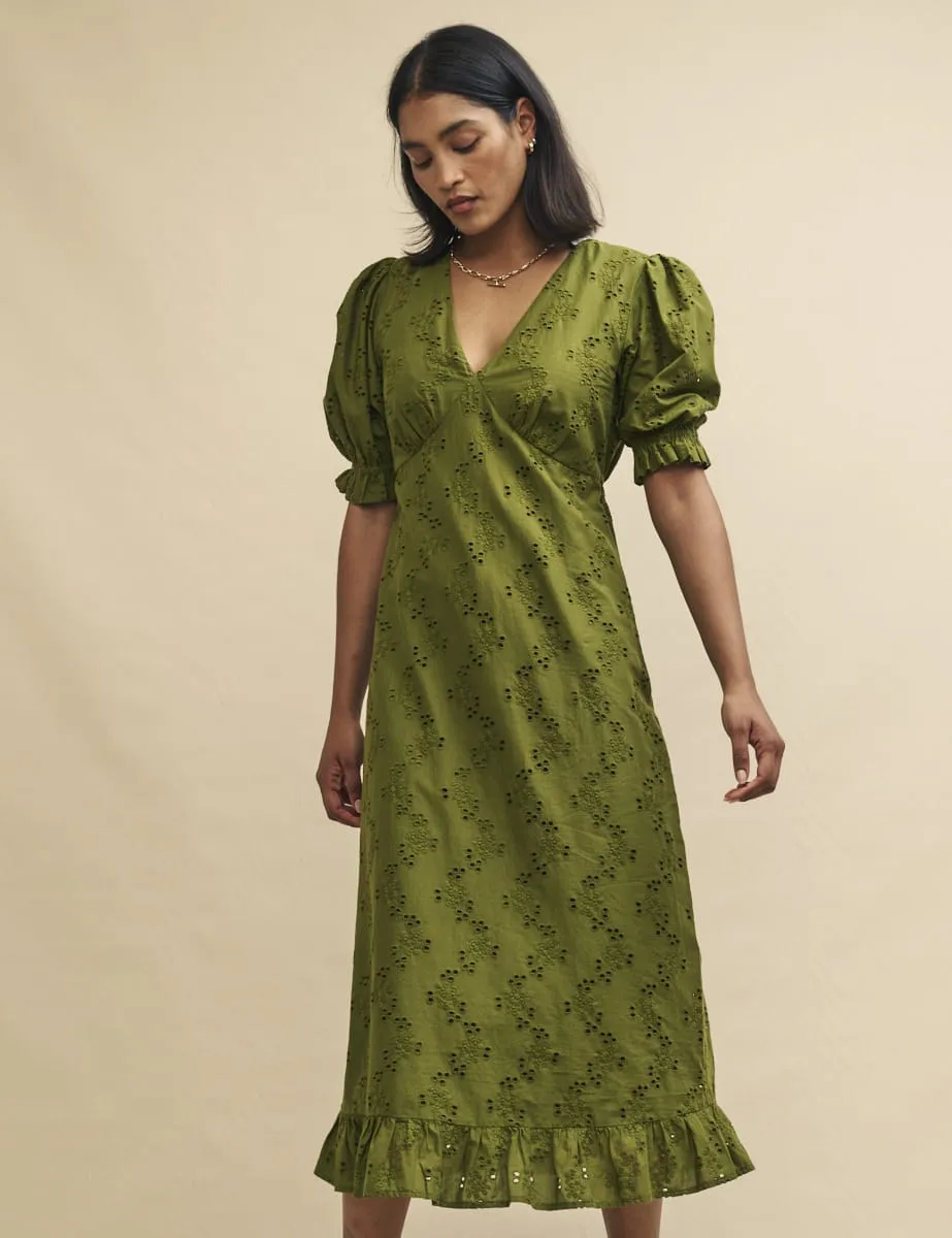 Olive Green Broderie Delilah Midi Tea Dress