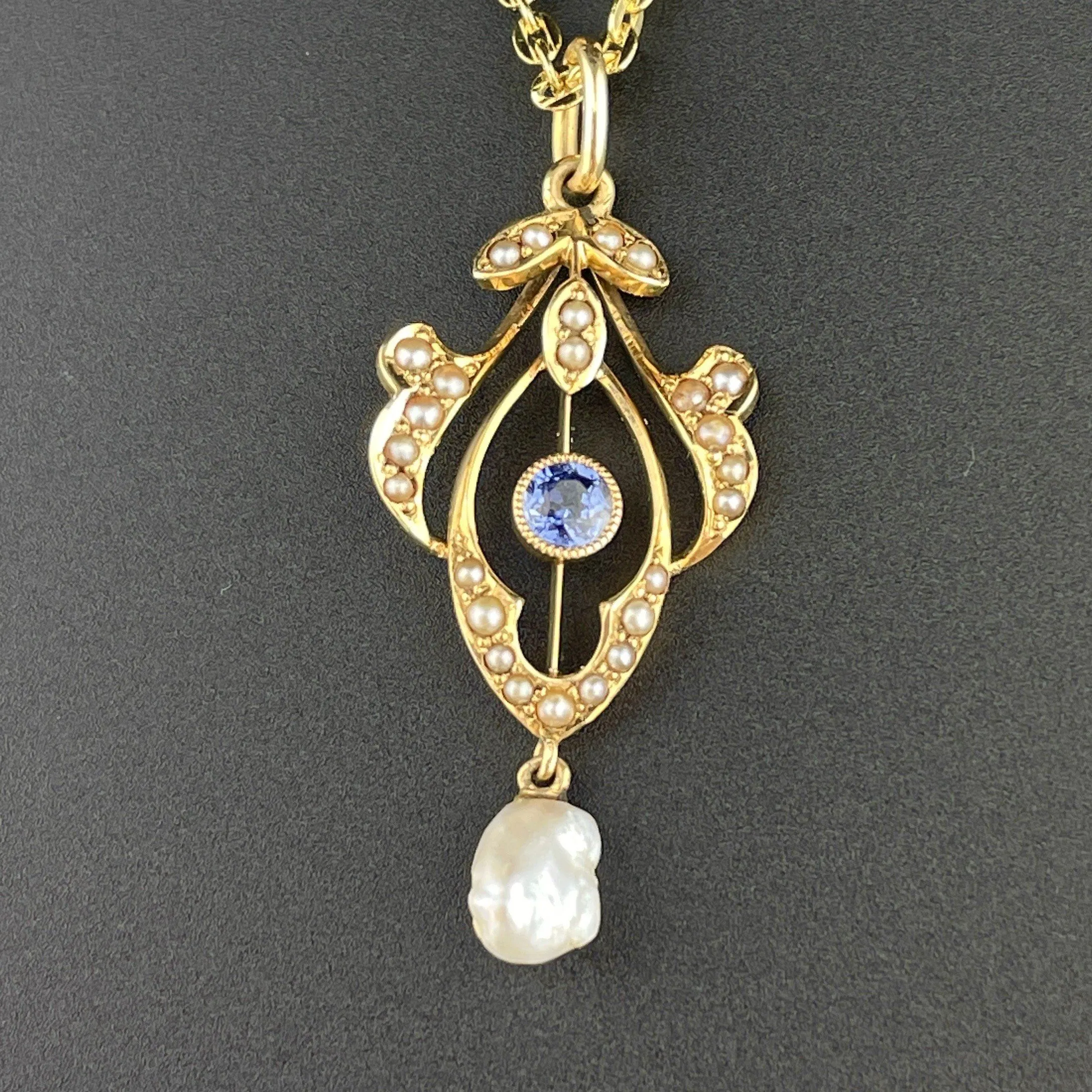 ON HOLD Art Nouveau 14K Gold Blue Sapphire Pearl Lavaliere Pendant Necklace