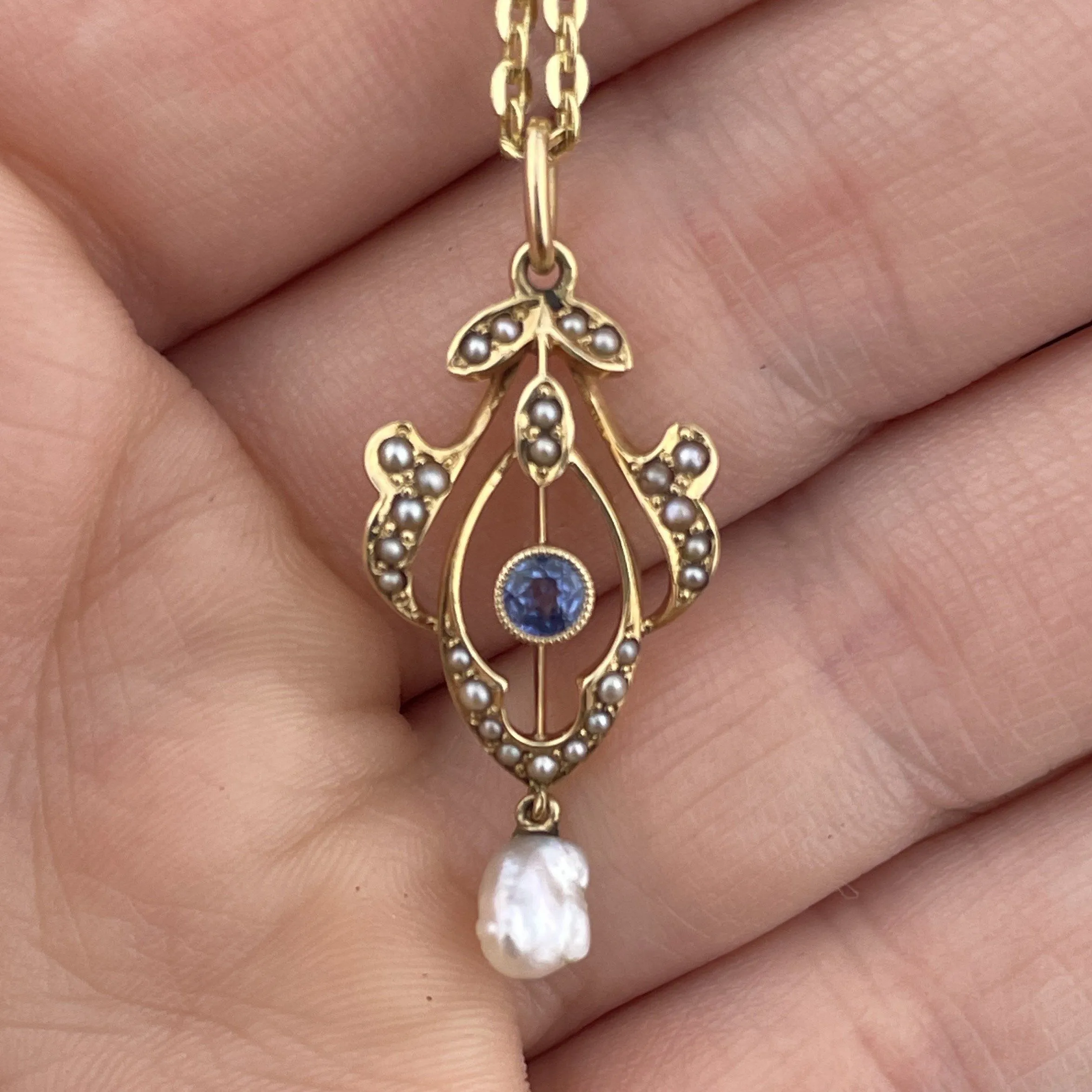 ON HOLD Art Nouveau 14K Gold Blue Sapphire Pearl Lavaliere Pendant Necklace