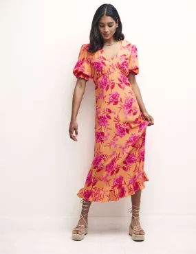 Orange and Pink Floral Delilah Midi Dress