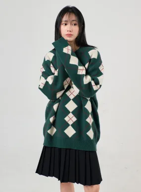 Oversized Argyle Knit Sweater OF405