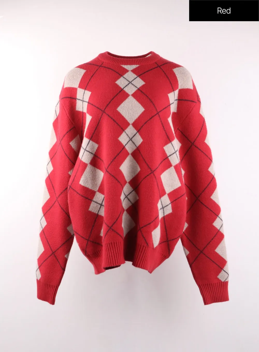 Oversized Argyle Knit Sweater OF405