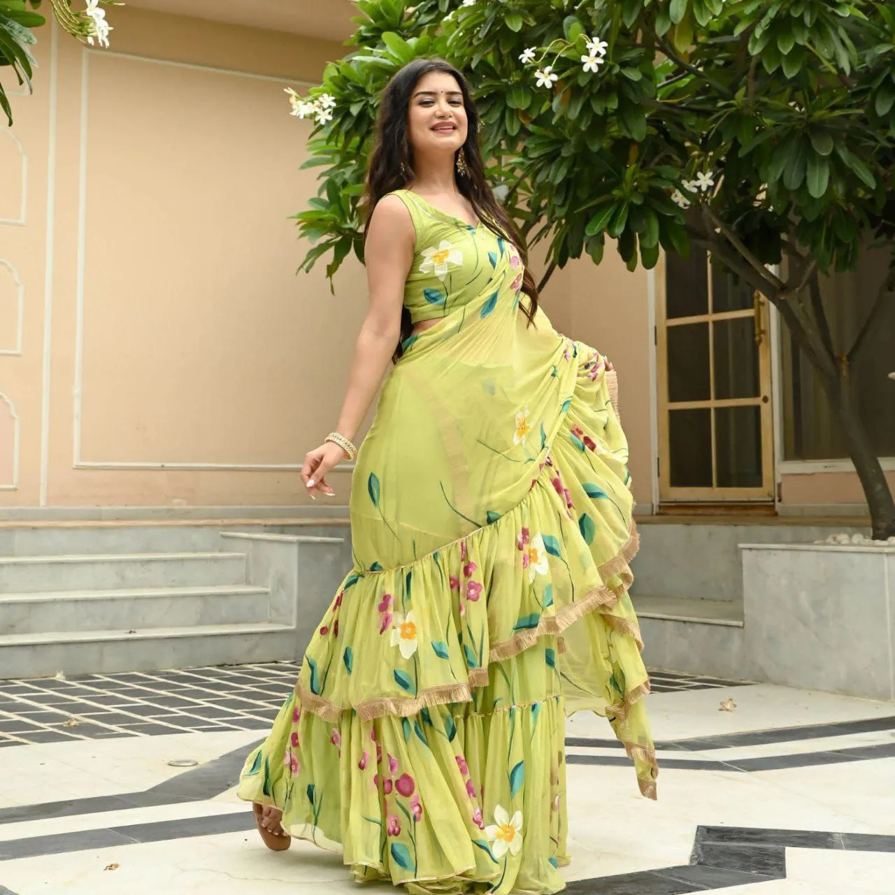 Party wear Floral Women's Lehenga Saree Green