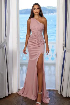 Pink One-Shoulder Prom Dress with Pleated Split