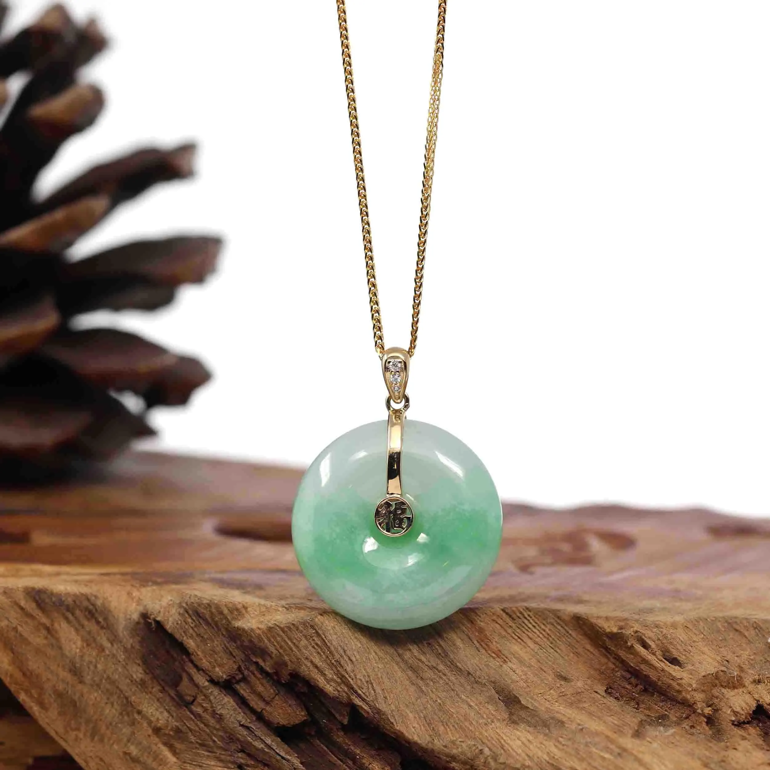 "Good Luck Button" Green Jadeite Jade Lucky KouKou Pendant With 14K Yellow Gold  Diamond Bail