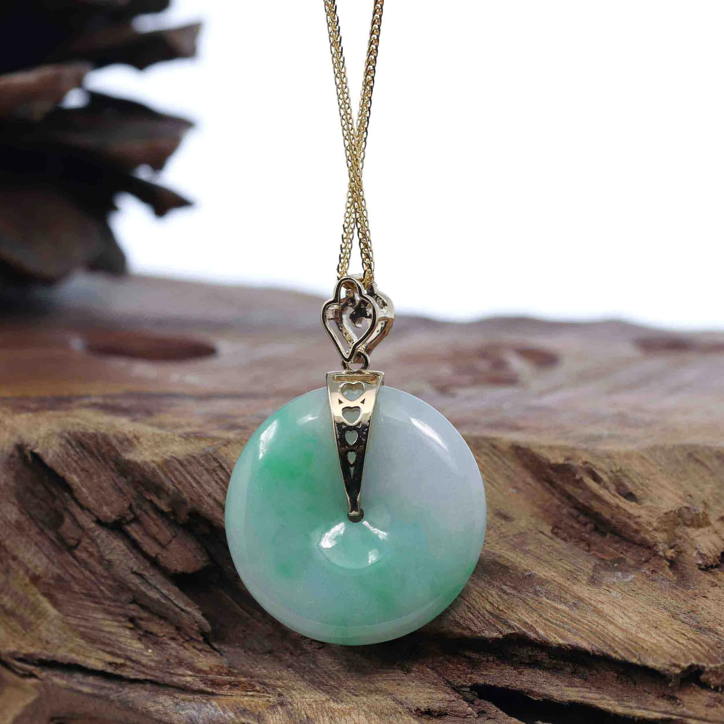 "Good Luck Button" Lavender Jadeite Jade Lucky KouKou Pendant With 14K Yellow Gold  Diamond Bail