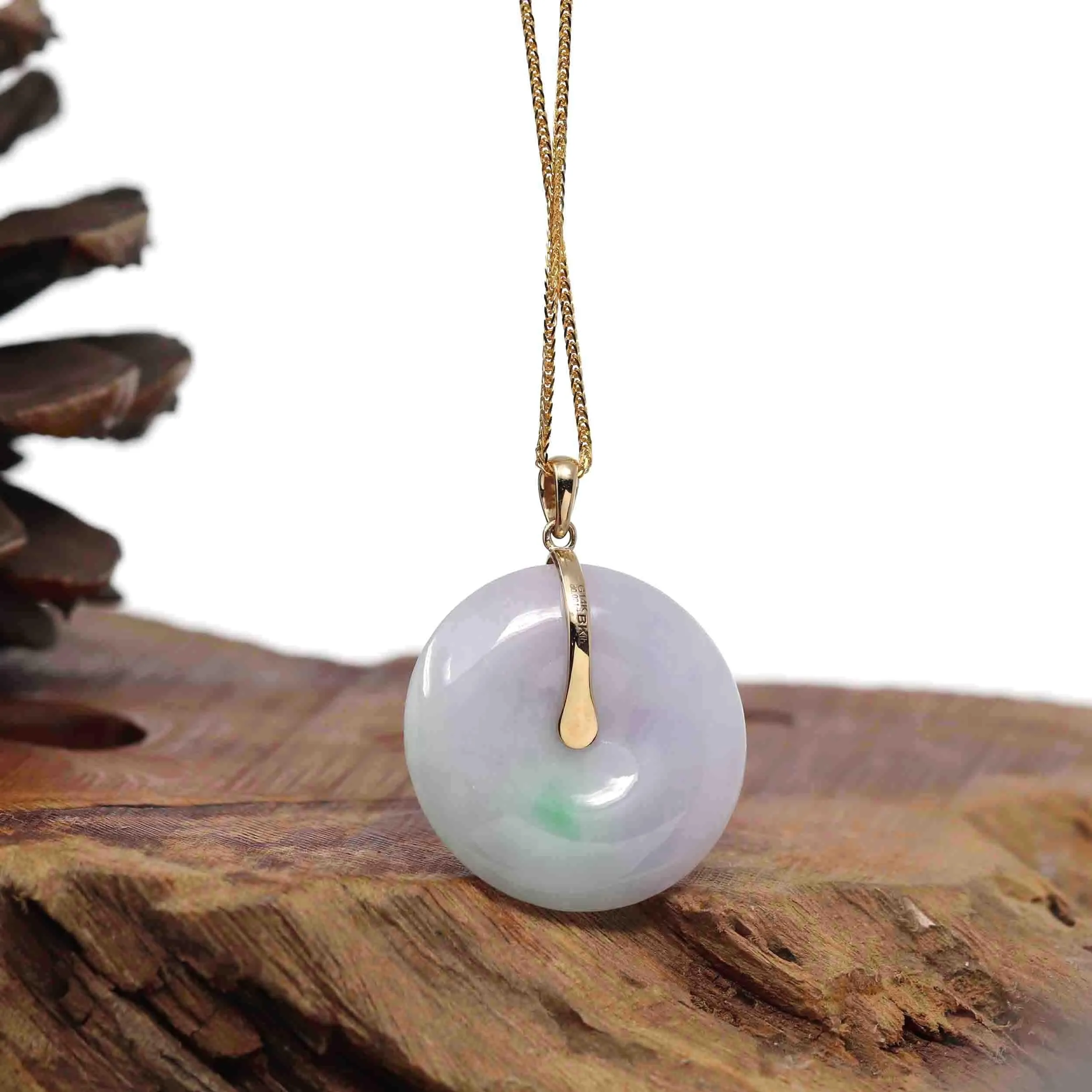 "Good Luck Button" Lavender Jadeite Jade Lucky KouKou Pendant With 14K Yellow Gold  Diamond Bail