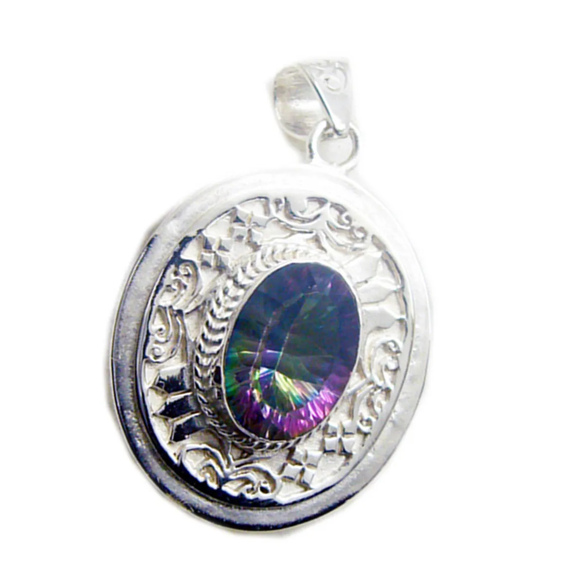 Riyo Beddable Gems Oval Faceted Multi Color Mystic Quartz Silver Pendant Gift For Engagement