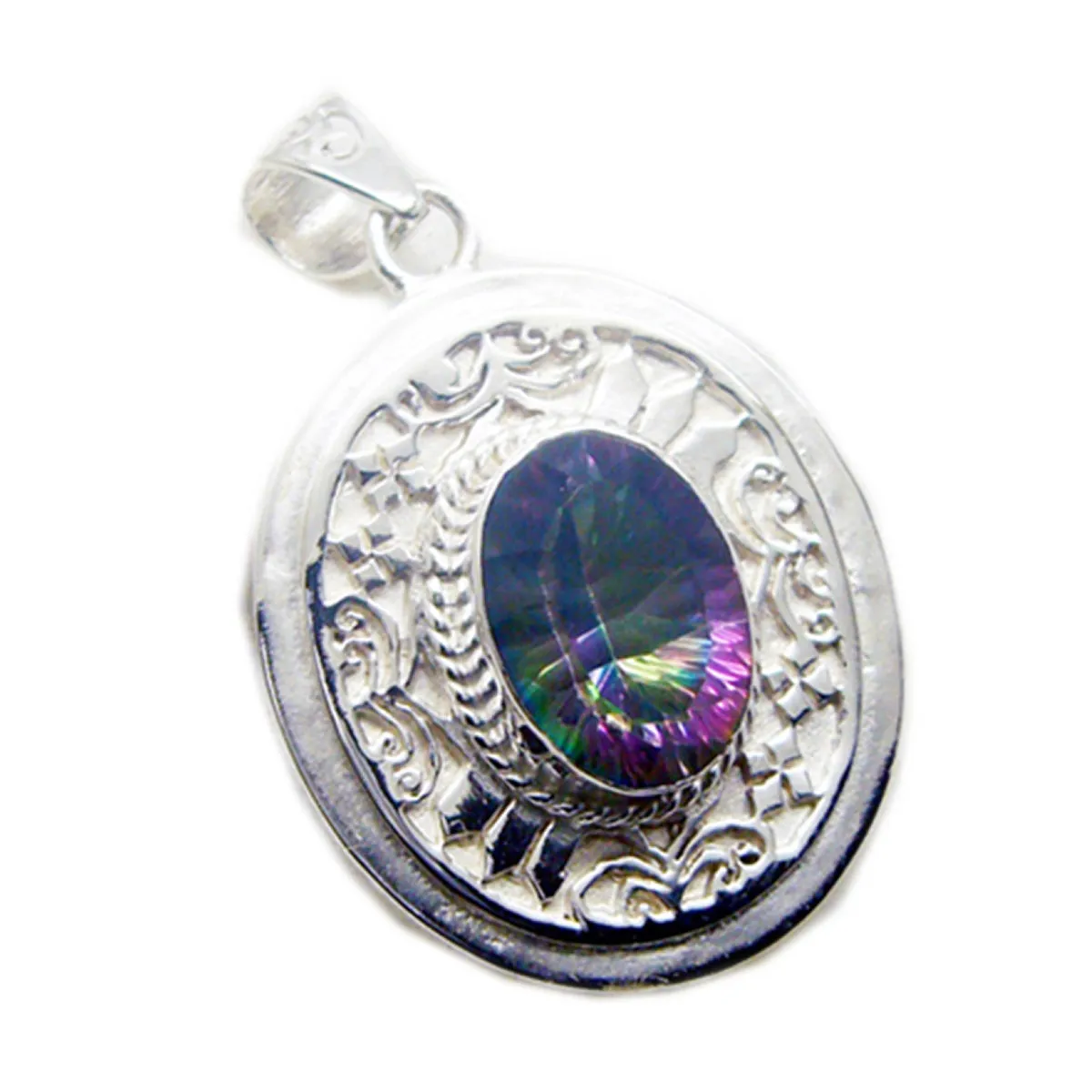 Riyo Beddable Gems Oval Faceted Multi Color Mystic Quartz Silver Pendant Gift For Engagement