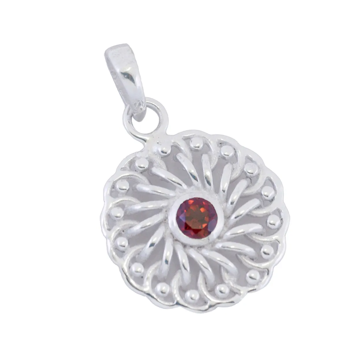 Riyo Beddable Gemstone Round Faceted Red Garnet Sterling Silver Pendant Gift For Friend