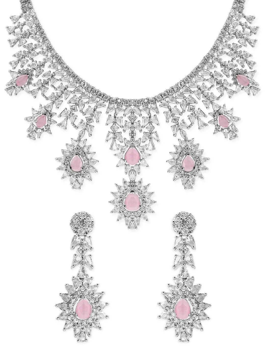 Rubans Silver Plated Handcrafted Pink AD Stone Studded Necklace Set.