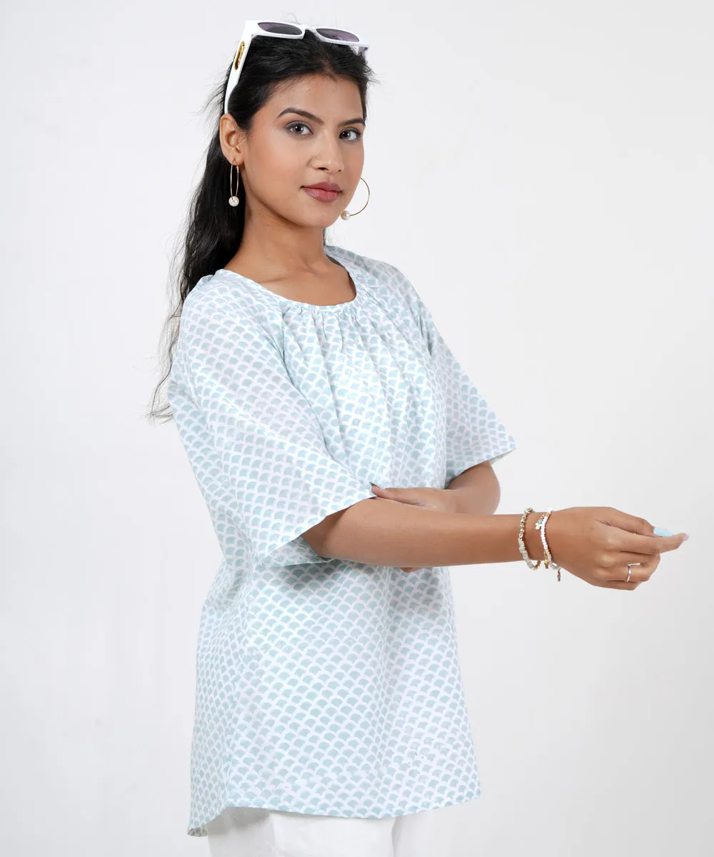 Skyblue asymmetric handblock printed cotton top