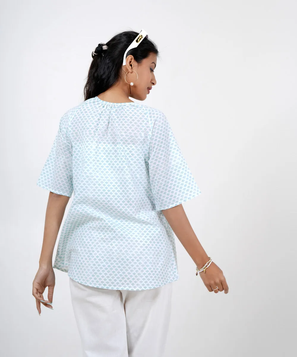 Skyblue asymmetric handblock printed cotton top