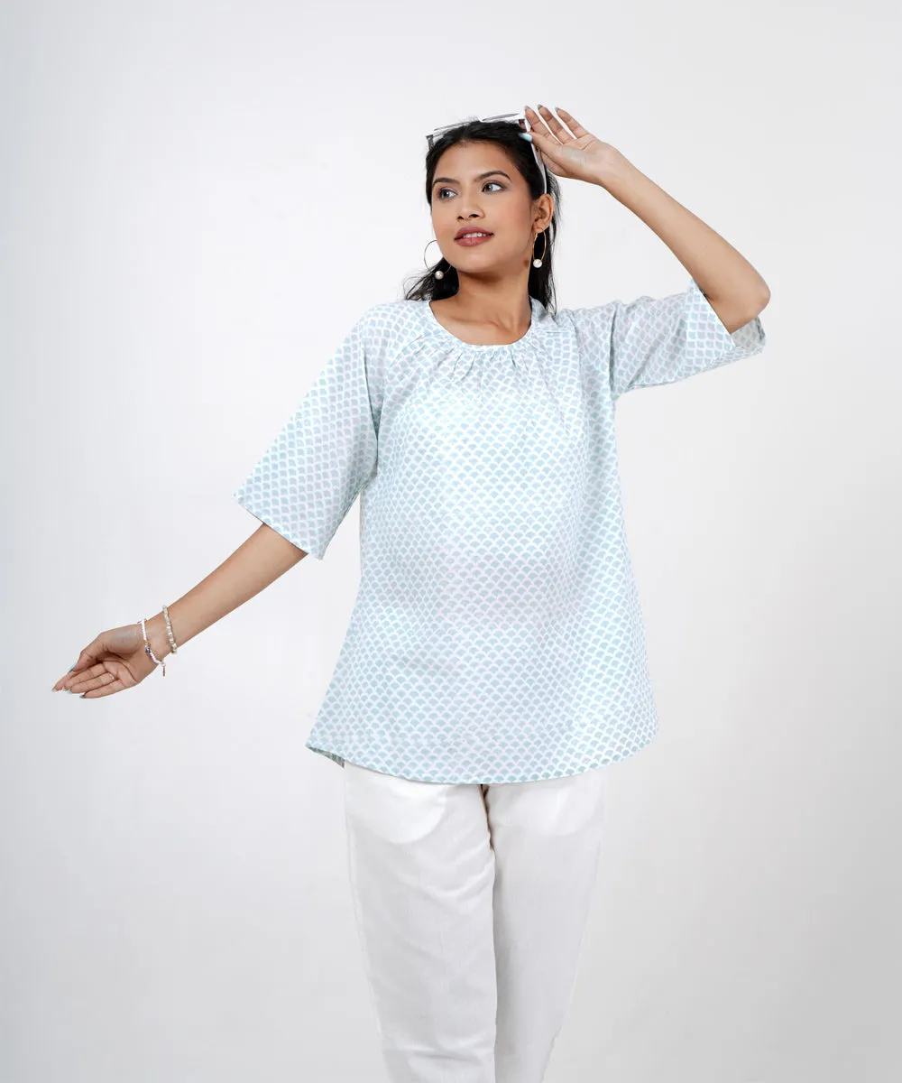 Skyblue asymmetric handblock printed cotton top