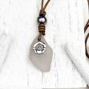 Sun Purple Sea Glass Leather Necklace with Freshwater Pearl and Claddagh Charm | #1904