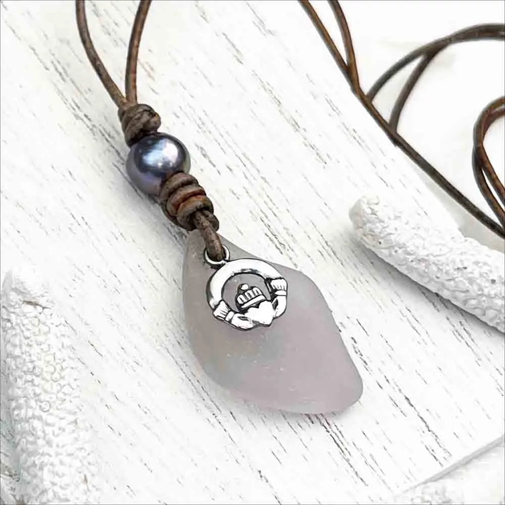 Sun Purple Sea Glass Leather Necklace with Freshwater Pearl and Claddagh Charm | #1904