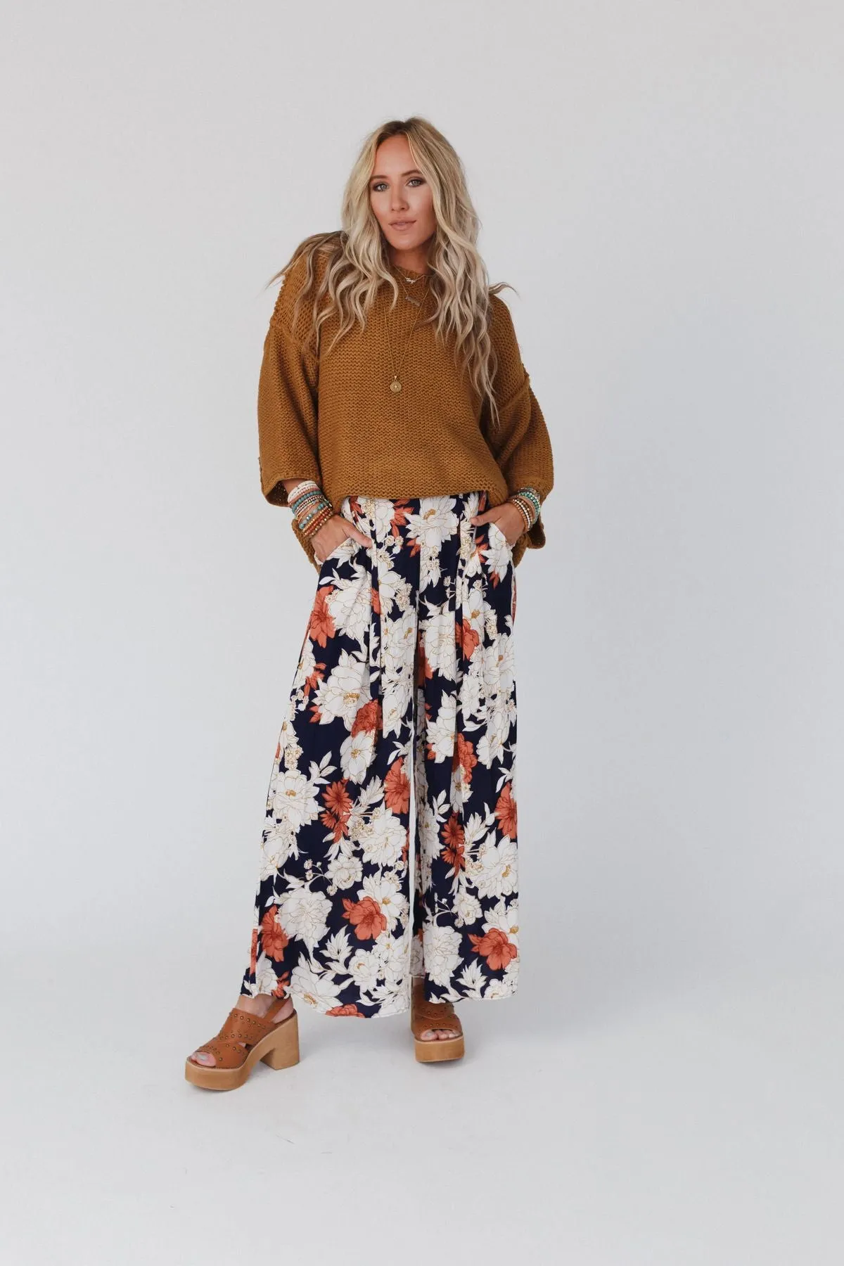 Treasure Floral Wide Leg Pants - Navy