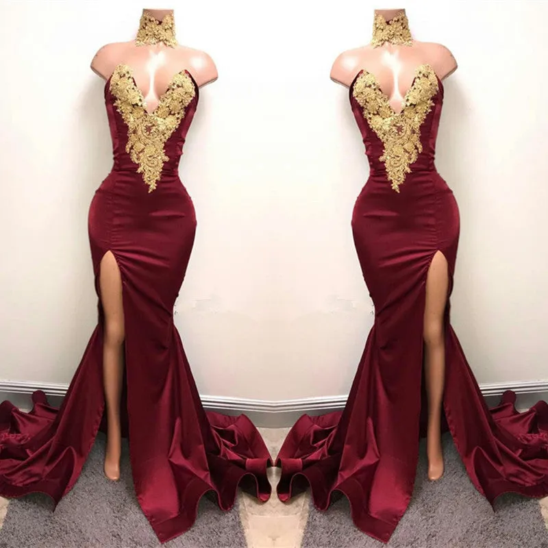 V-Neck Mermaid Prom Dress in Burgundy With Split and Lace Appliques