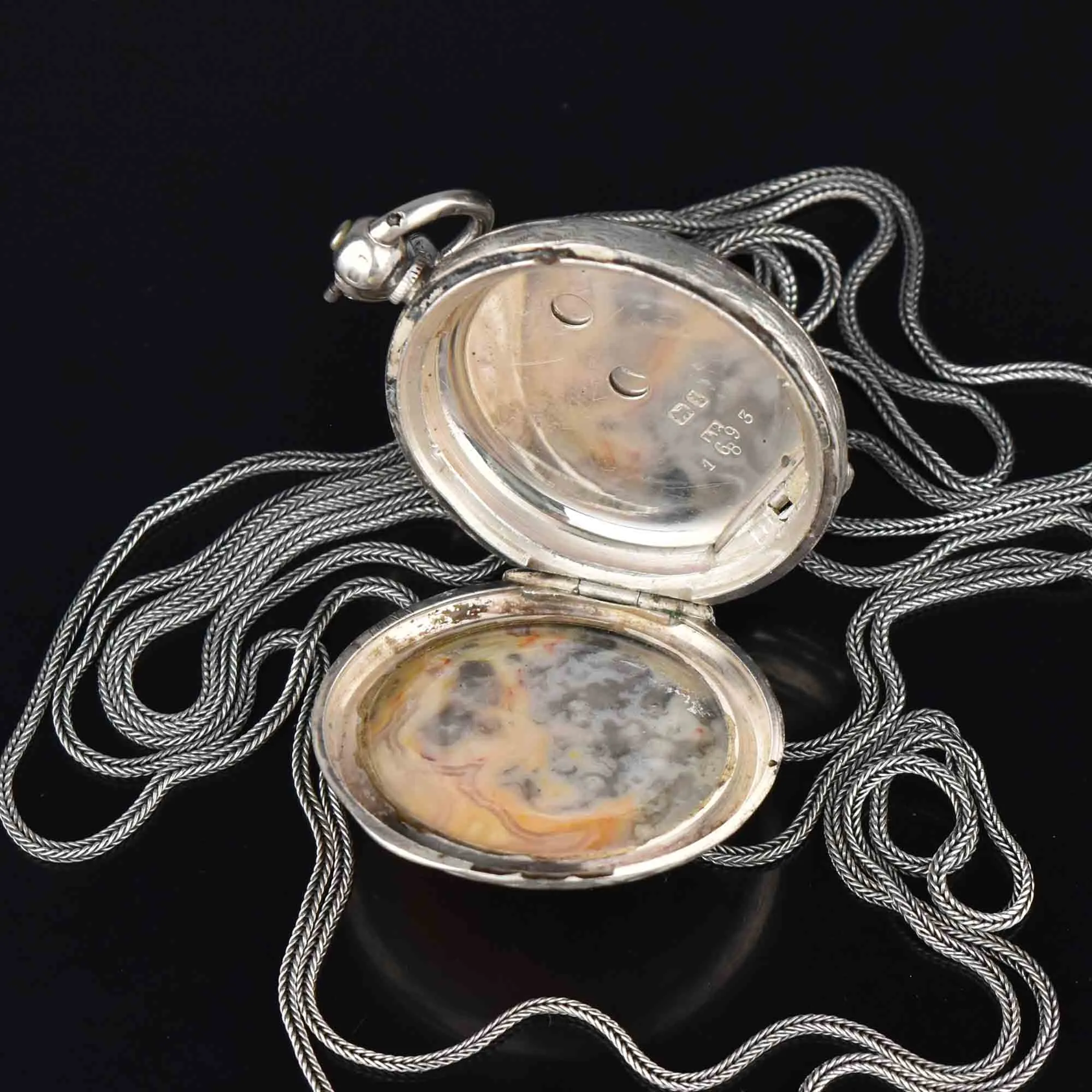 Victorian Agate Pocket Watch Locket w Guard Muff Chain