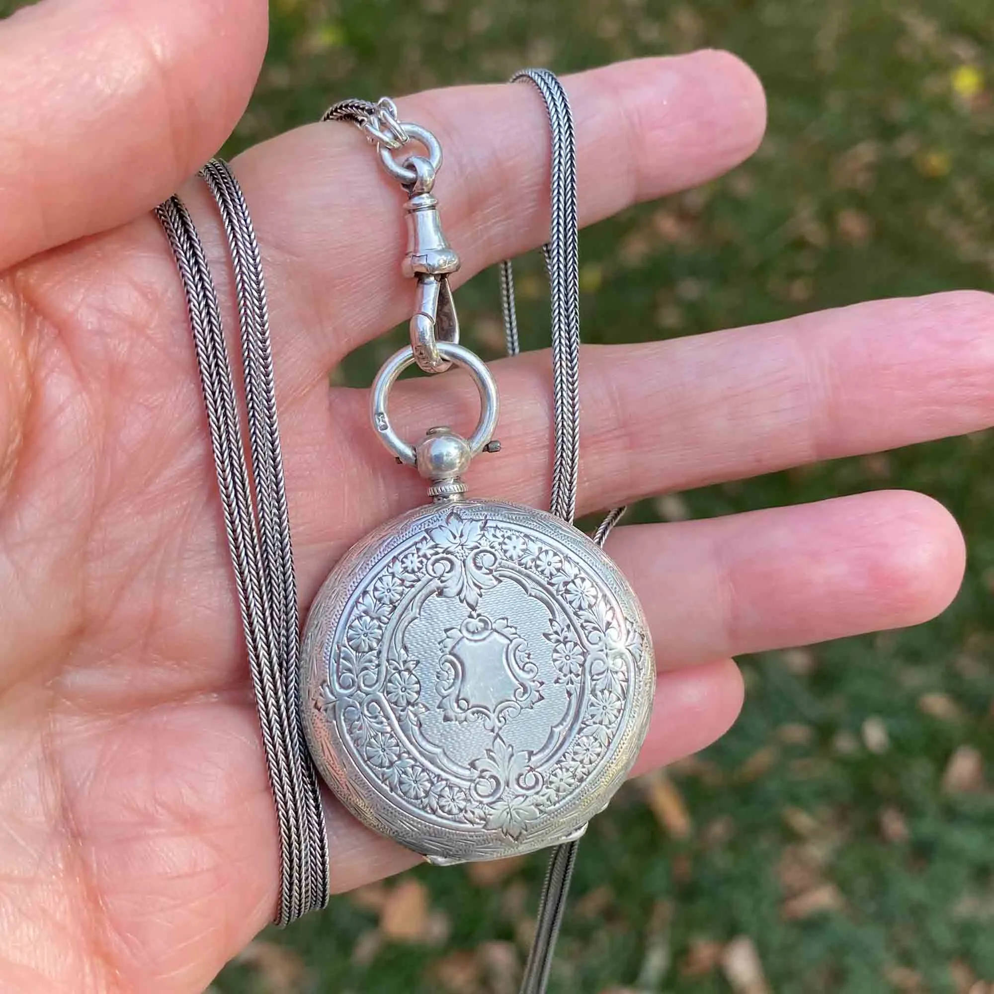 Victorian Agate Pocket Watch Locket w Guard Muff Chain