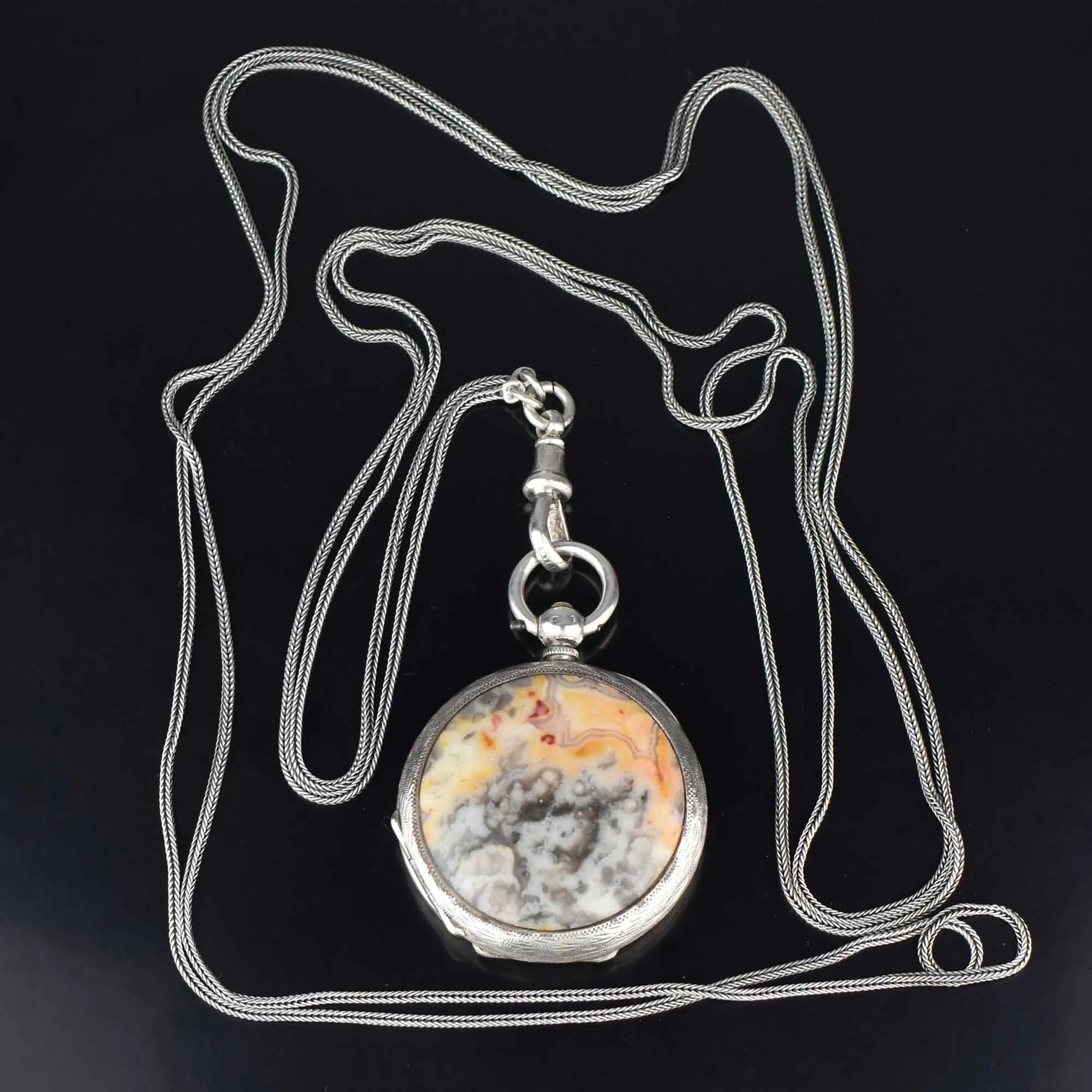 Victorian Agate Pocket Watch Locket w Guard Muff Chain