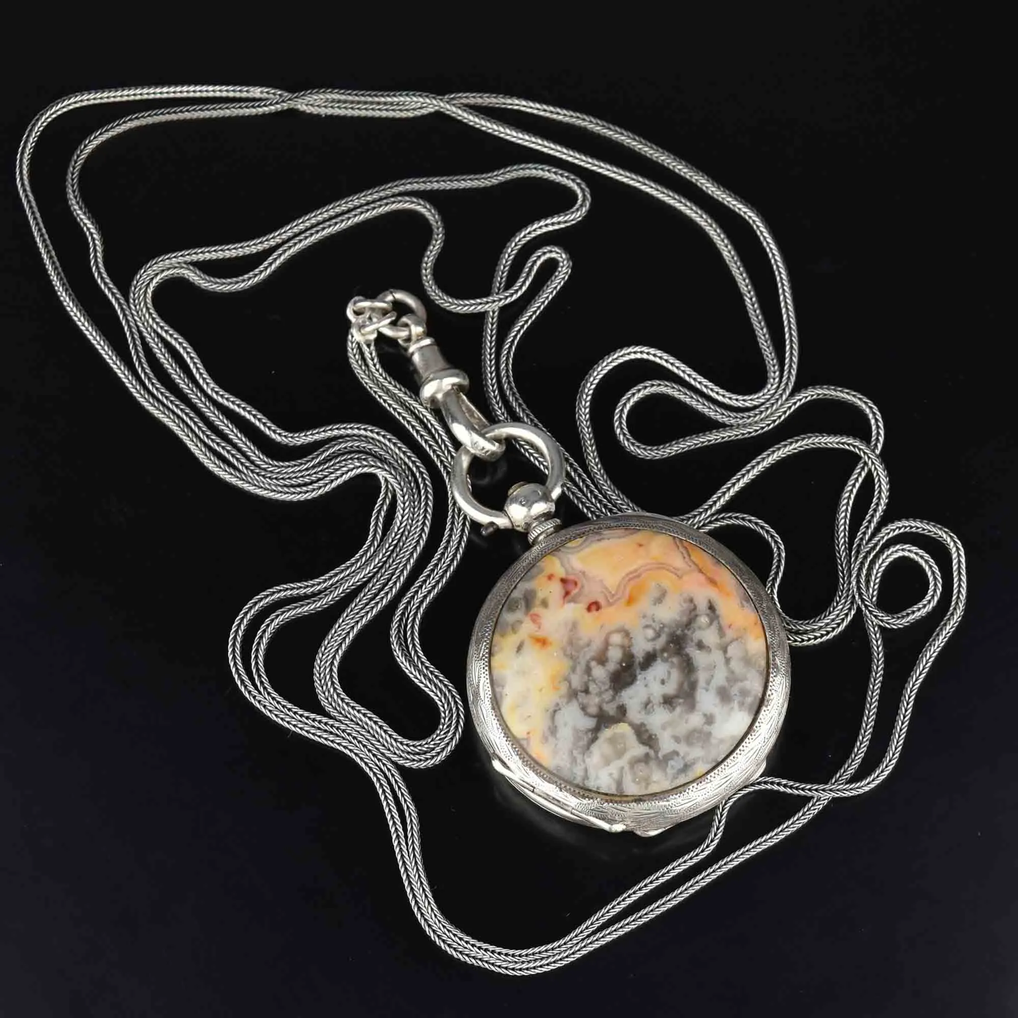 Victorian Agate Pocket Watch Locket w Guard Muff Chain