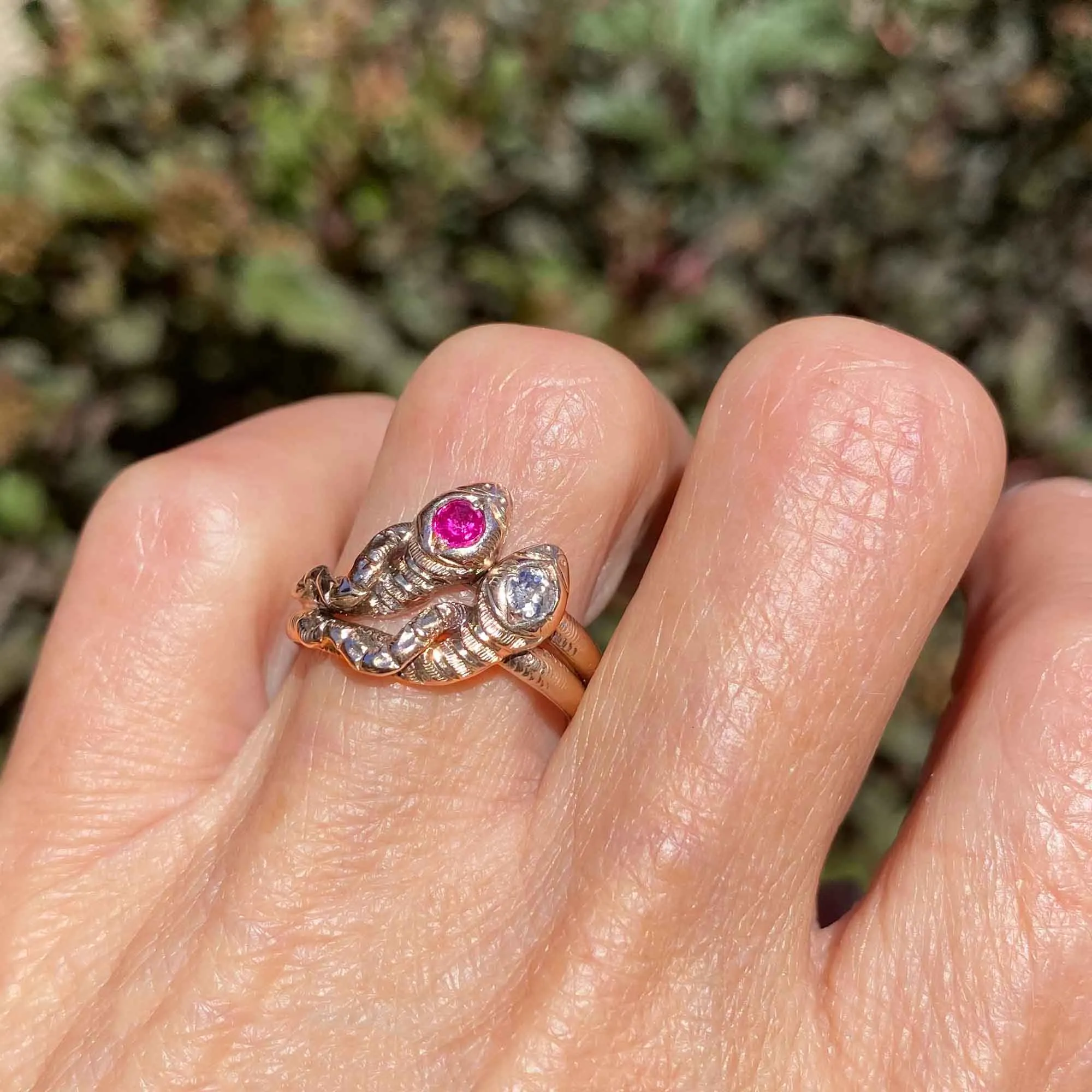 Victorian Rose Gold European Cut Diamond Ruby Snake Ring