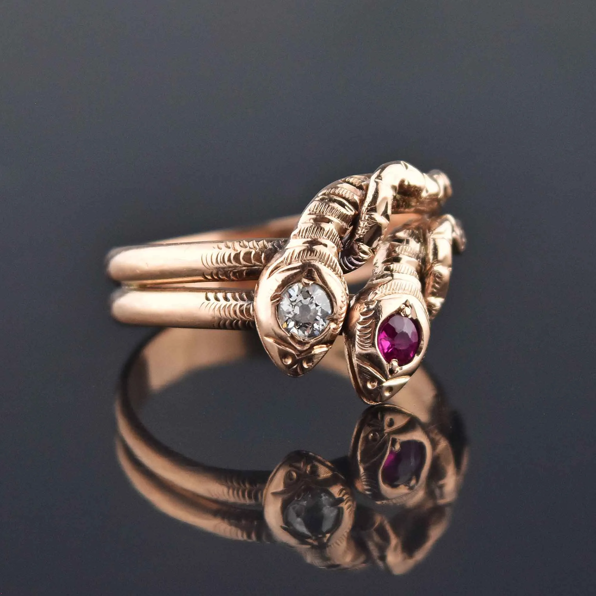 Victorian Rose Gold European Cut Diamond Ruby Snake Ring