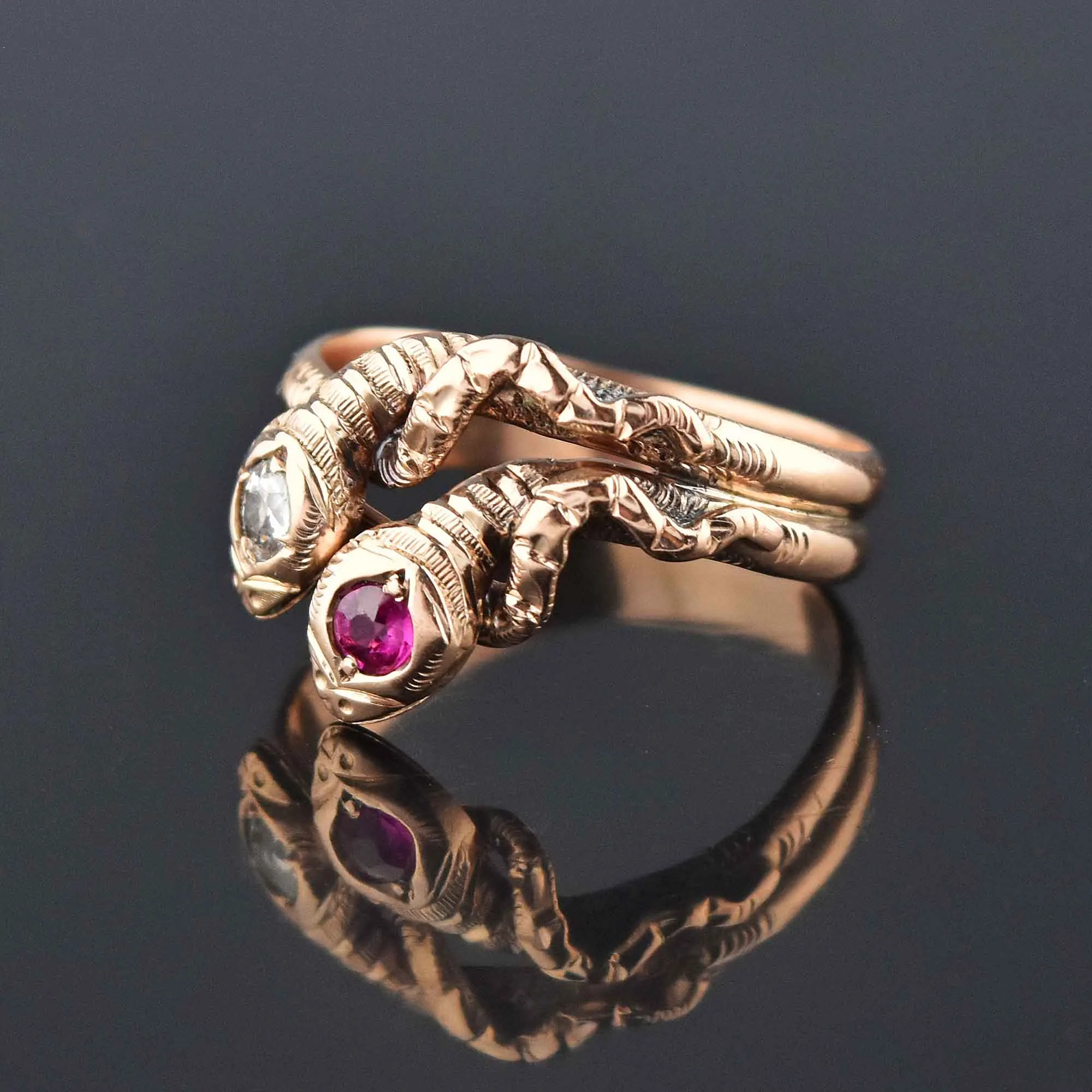 Victorian Rose Gold European Cut Diamond Ruby Snake Ring